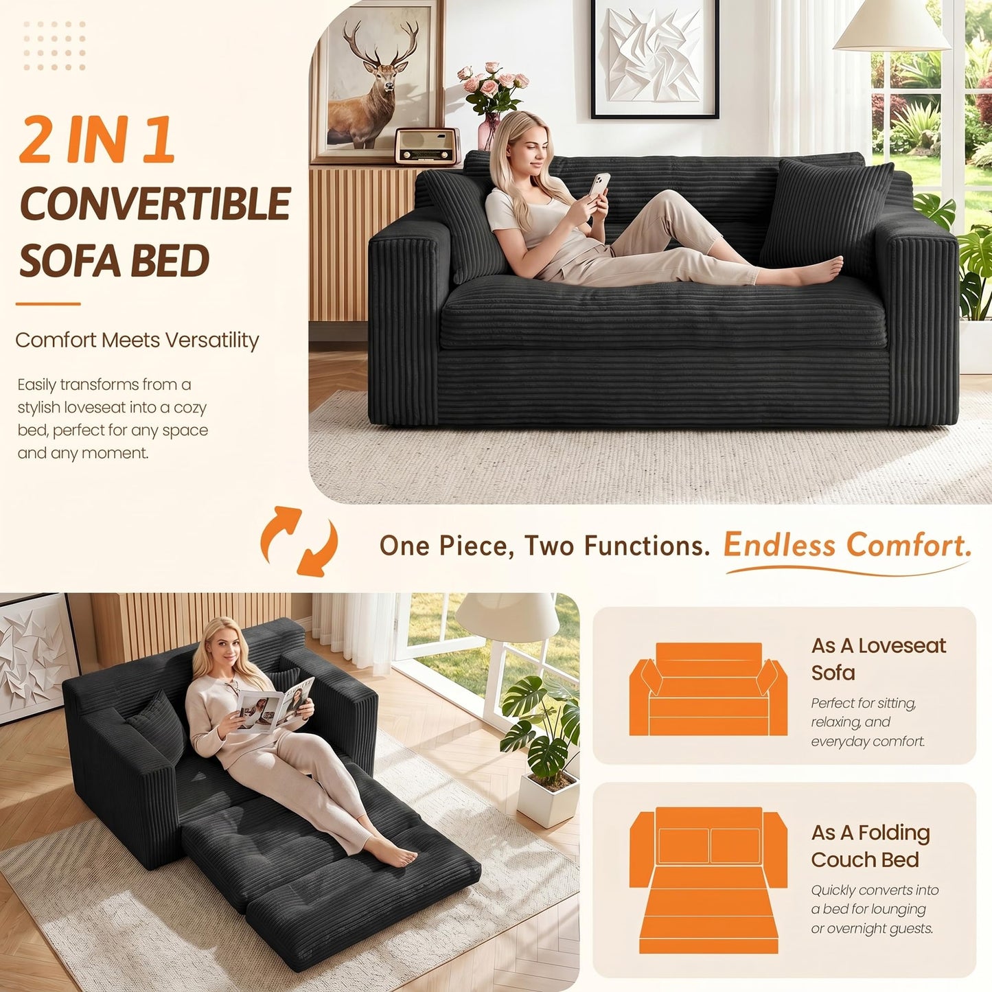 Erament Boneless Loveseat Sofa Couch, 2 in 1 Convertible Sofa Bed with Pillows, Fold Out Bean Bag Chair Boneless Floor Couch for Living Room Bedroom Office Lounge Apartment, No Assembly Needed, Black