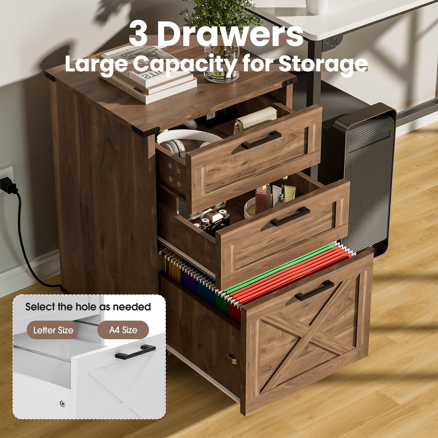 Onelike Small Wood File Cabinet with Lock, Nightstand with Charging Station, 3 Drawer Under Desk Lateral Filing Cabinets for Home Office, Printer Stand with Storage, Brown