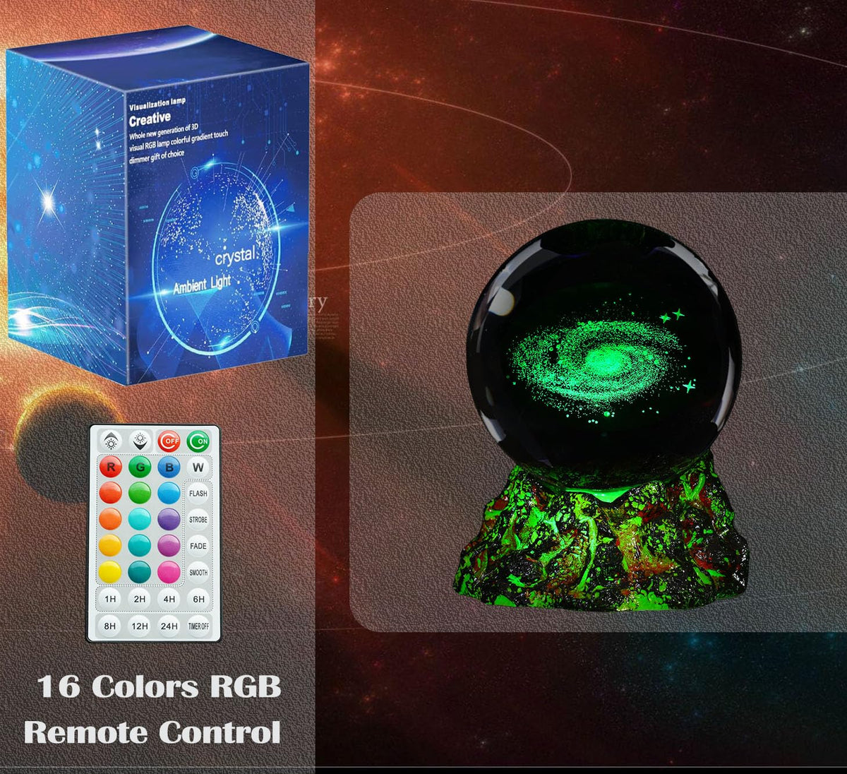 Colortown Galaxy Crystal Night Light, 3.15 Inch (80mm) K9 Crystal, Upgraded Volcanic Lava Base 3D Lamp with Remote, 16 Colors Cosmic Orbs, Space Gifts for Holiday Birthday Xmas