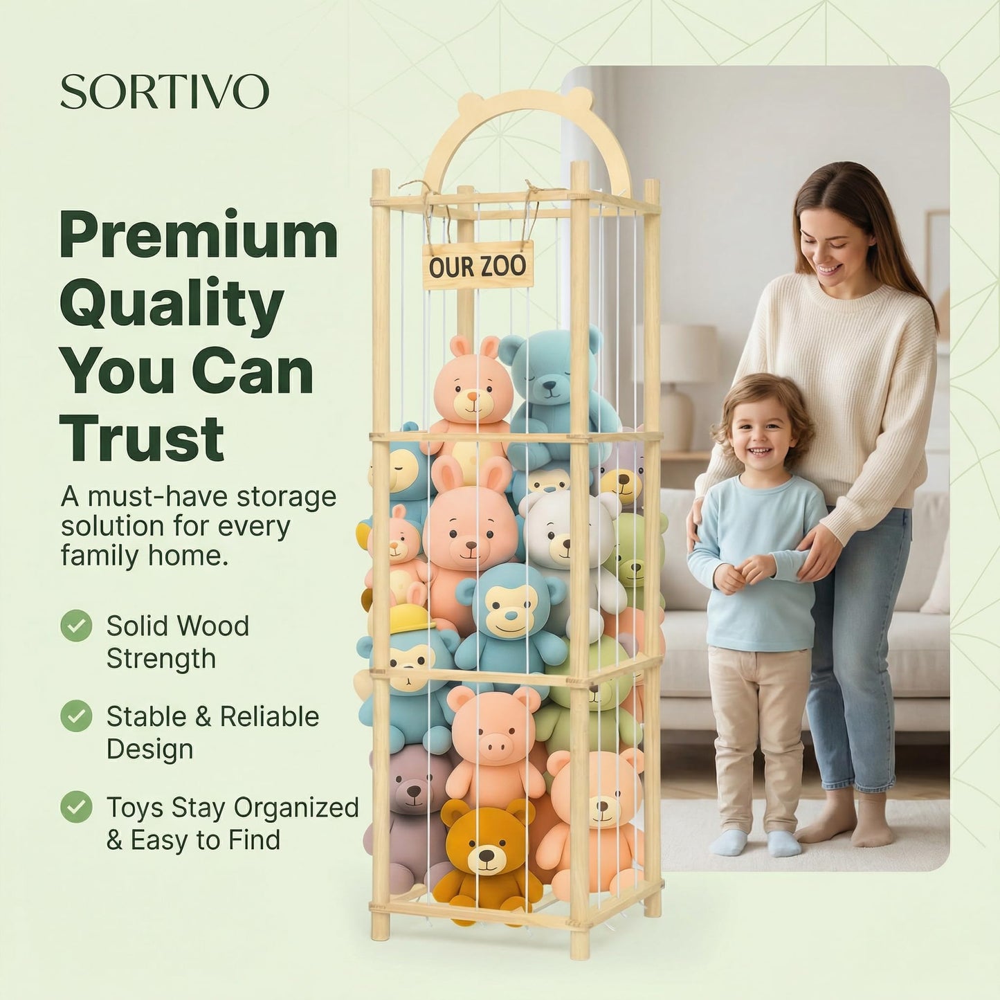 Sortivo Stuffed Animal Storage & Organizer with 3 Animal Figurines Set, 60In Large Capacity Stuffy & Plushies Storage Holder for Playroom, Nursery, Bedroom & Kids Furniture