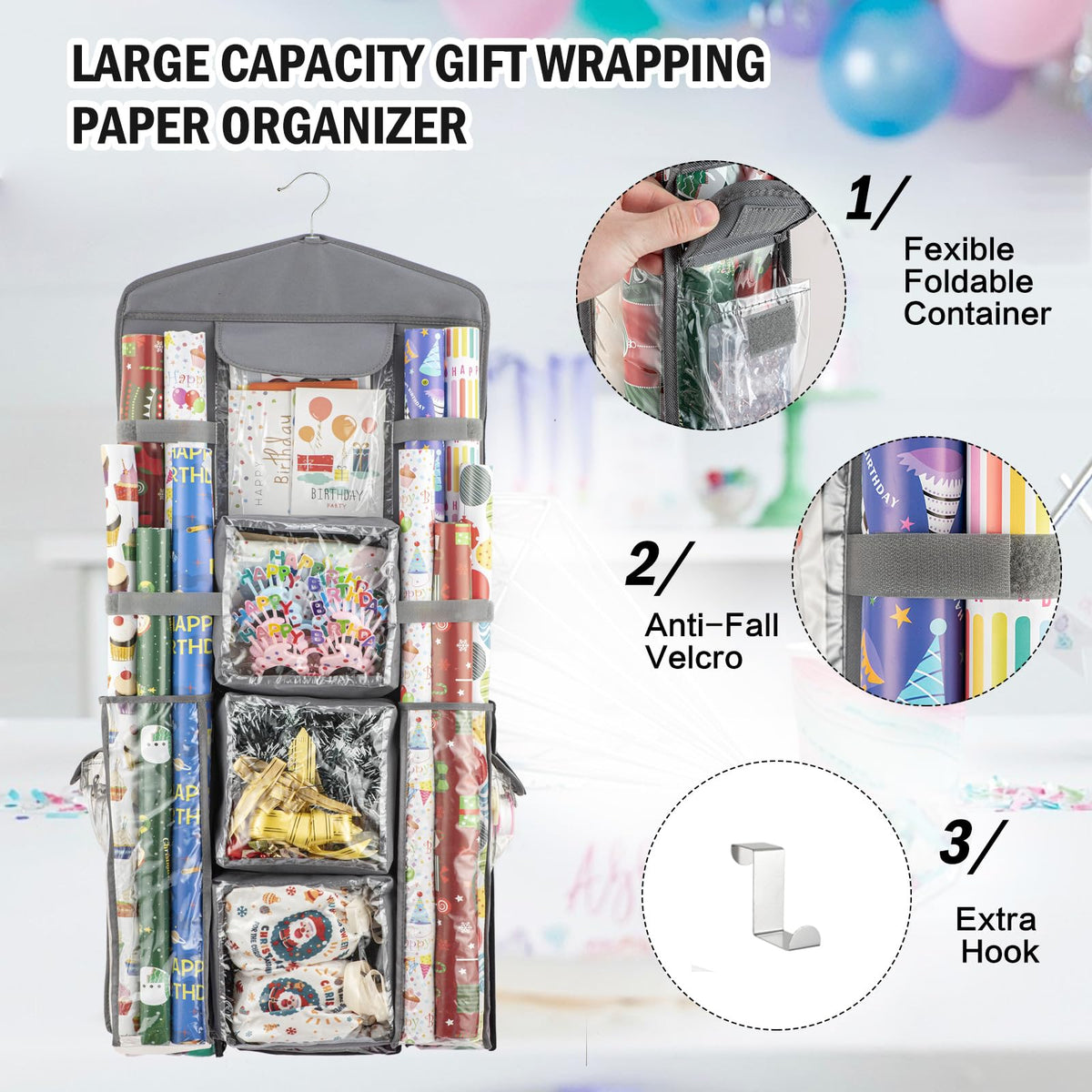 EOLIMEX Christmas Wrapping Paper Organizer Storage, Hanging Gift Bag Storage Organizer, Double-Sided Wrapping Paper Holder Storage - Grey