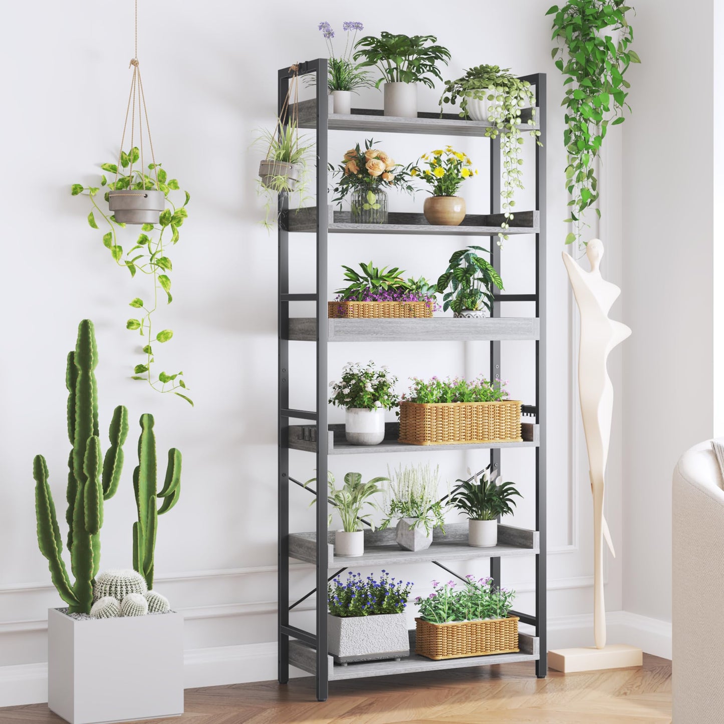 HCHQHS 6 Tier Bookshelf, Adjustable Industrial Bookcase, Vertical Tall Book Shelf, Wood and Black Metal Open Bookshelves for Home Office, Living Room, Bedroom