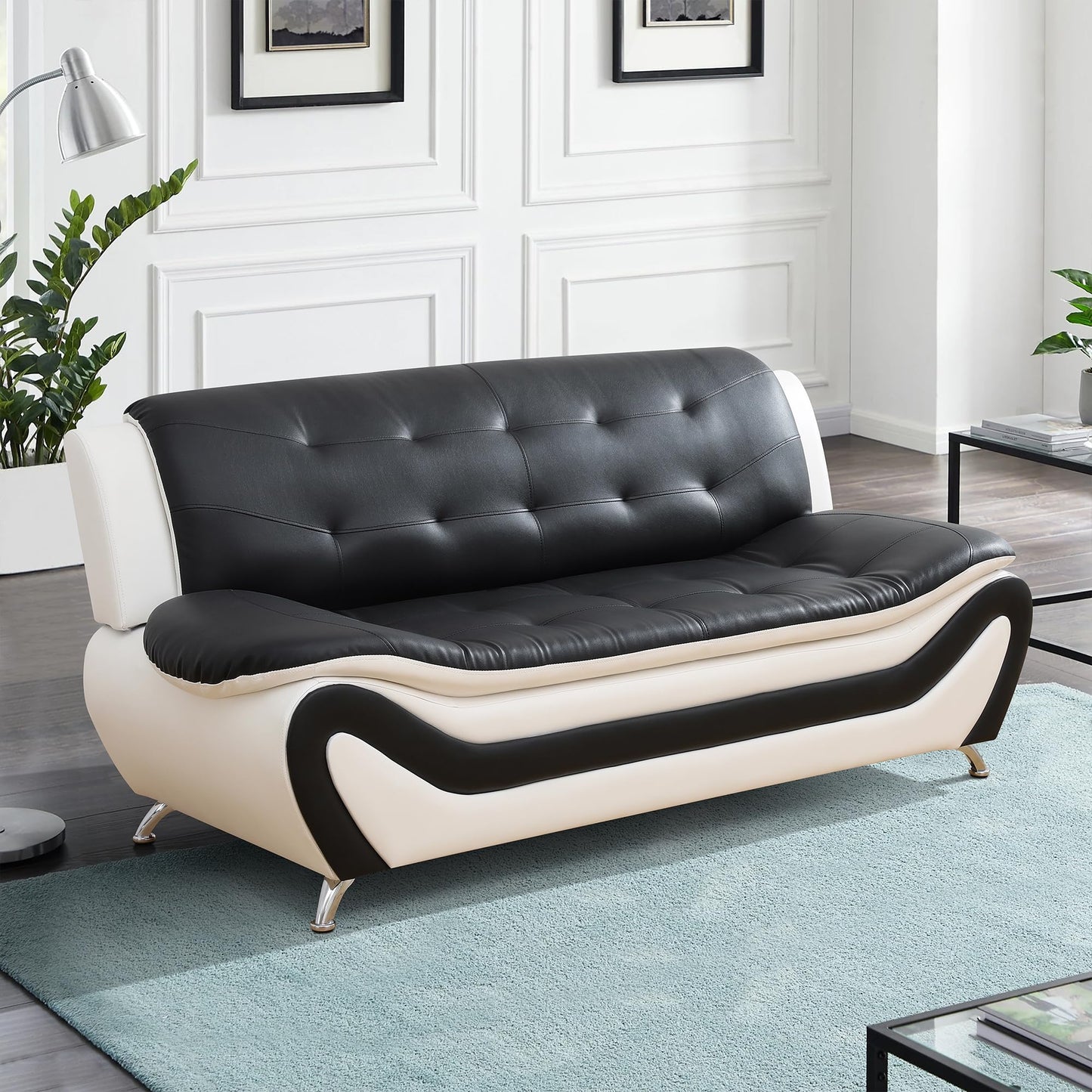 Modern 1 2 3-Piece Living Room Sofa Set, Black and White Faux Leather, Loveseat, Chair, for Apartments and Hotels