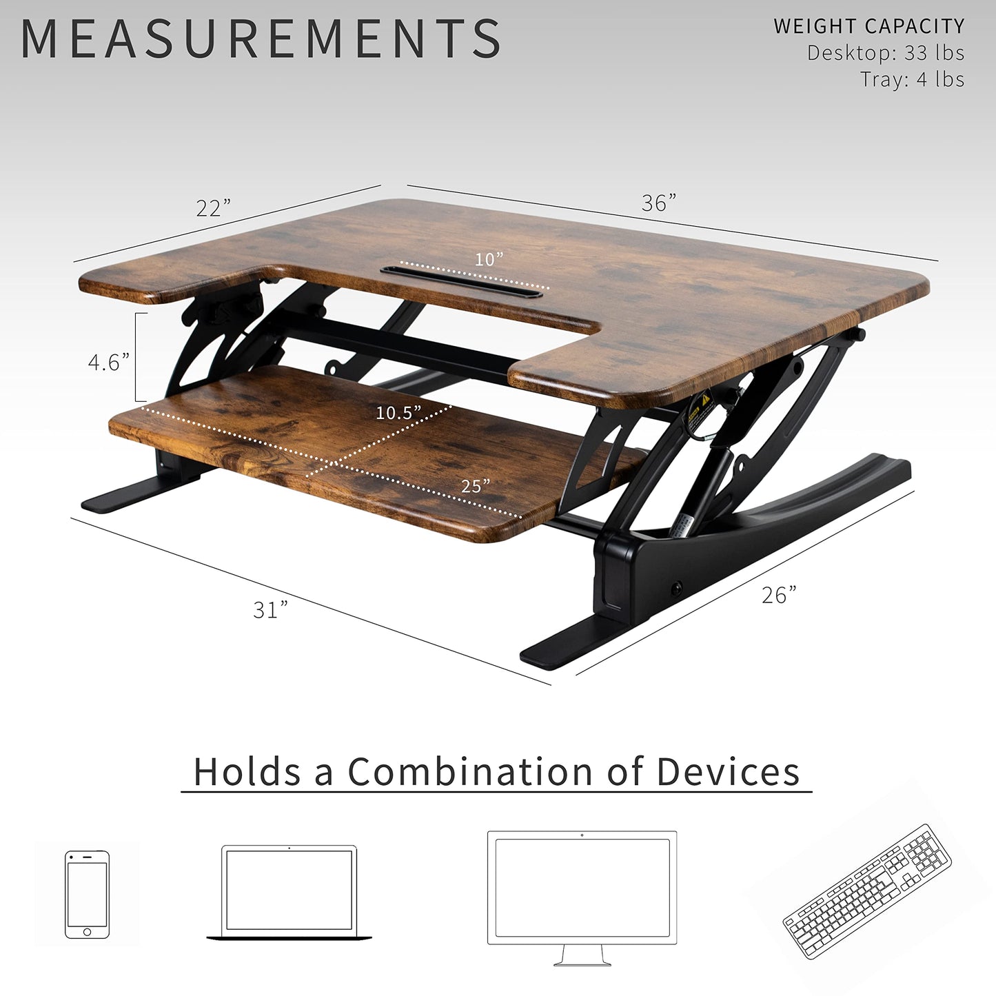 VIVO 36 inch Height Adjustable Stand Up Desk Converter, V Series, Quick Sit to Stand Tabletop Dual Monitor Riser Workstation, Rustic Vintage Brown Top, Black Frame, DESK-V000VN