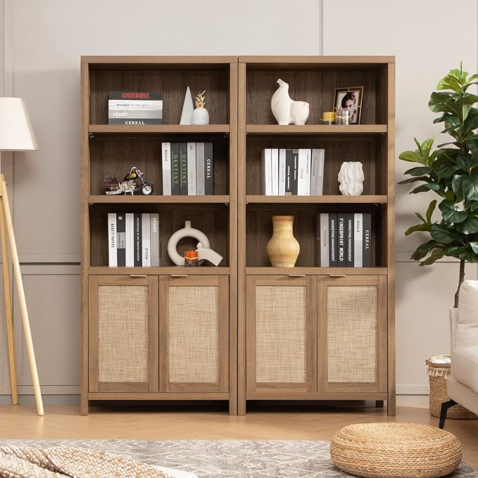 SICOTAS Bookcase 71" Tall Bookshelf 5 Tier Rattan Boho Bookcase