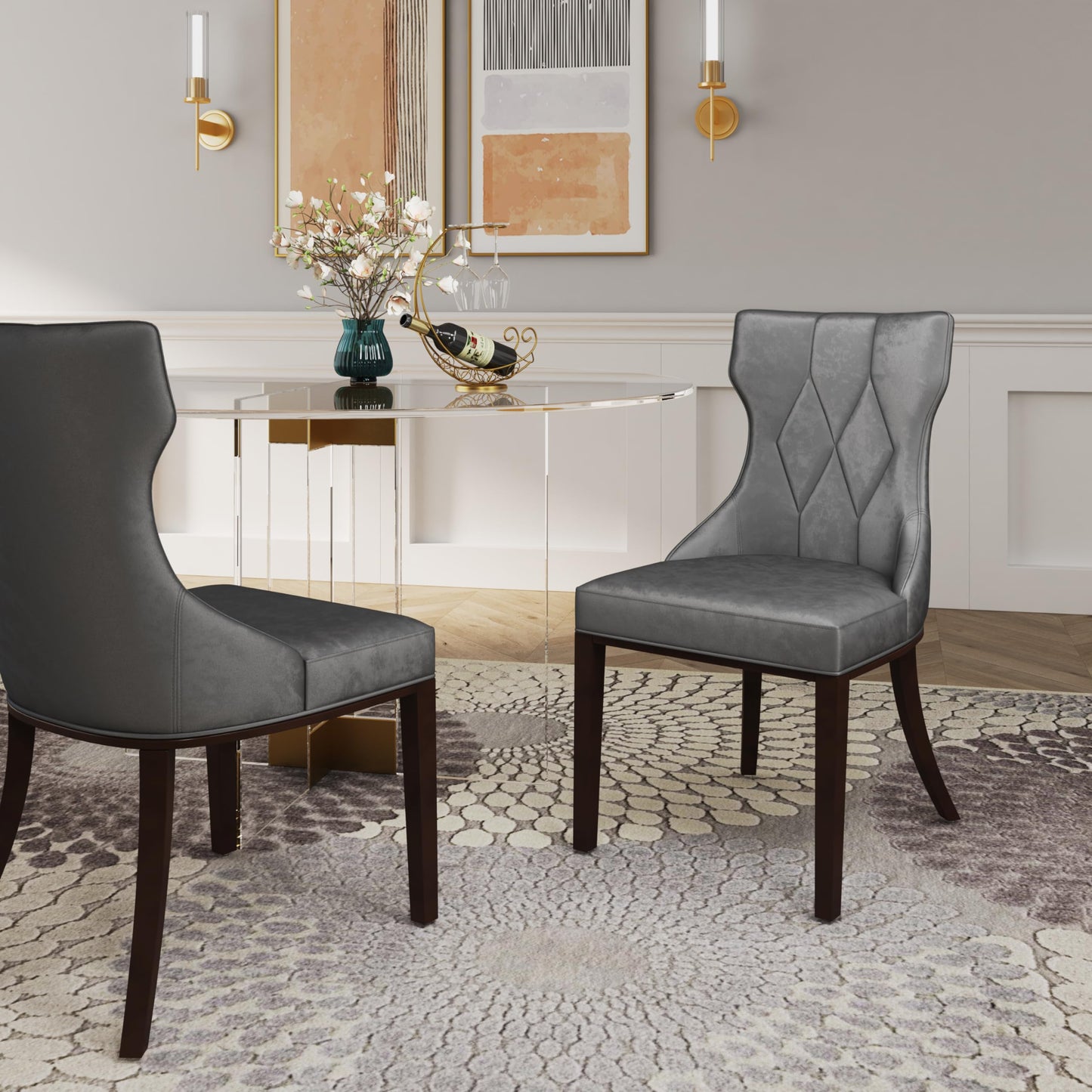 Manhattan Comfort ReineDining Chairs Set of 2, Upholstered Seats with Diamond Stitching, Solid Beech Wood Frame, 4-Leg Base, 18.5" Seat Height, Fully Assembleds, Grey