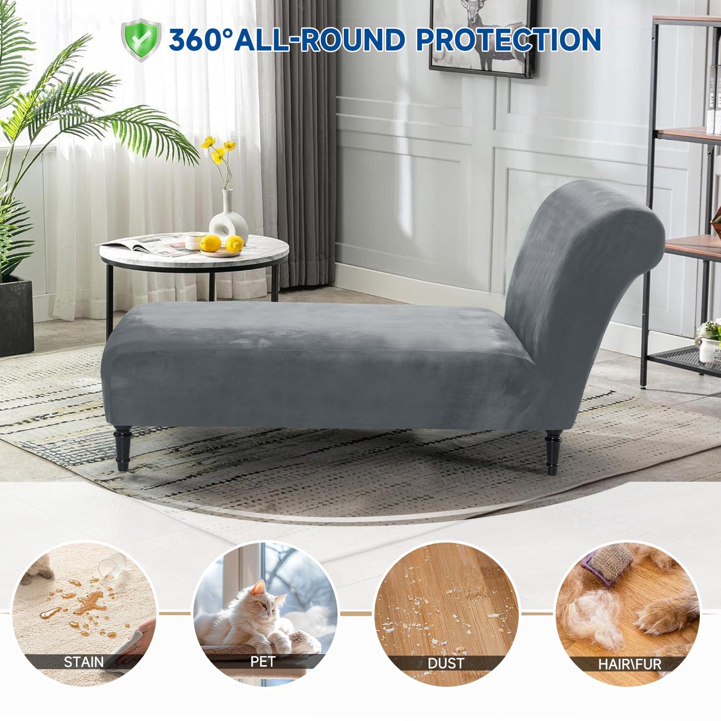 Velvet Chaise Lounge Cover Indoor Armless Chaise Slipcover Luxury High Stretch Ultra Soft Lounge Chair Covers Modern Machine Washable Chair Cover for Living Room Bedroom Furniture, Dark Grey