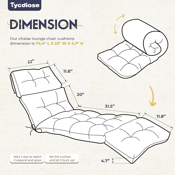 Waterproof Outdoor Chaise Lounge Chair Cushion 74.4 x 22 x 4.7 Inches Memory