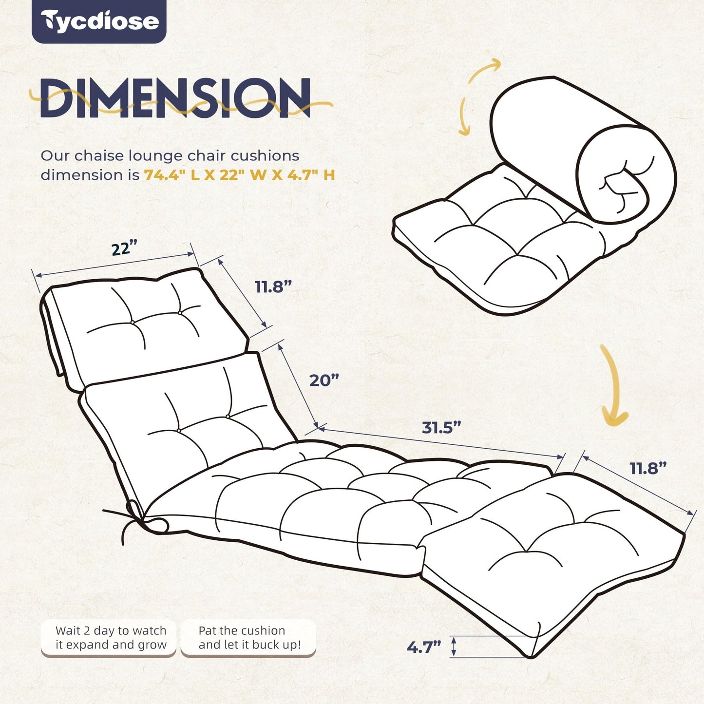 Tycdiose Waterproof Outdoor Chaise Lounge Chair Cushion 74.4 x 22 x 4.7 Inches Memory Foam Lounge Chair Cushions Replacement for Outdoor Furniture with Ties, Thickened Pool Lounge Chair Cushions, Blue