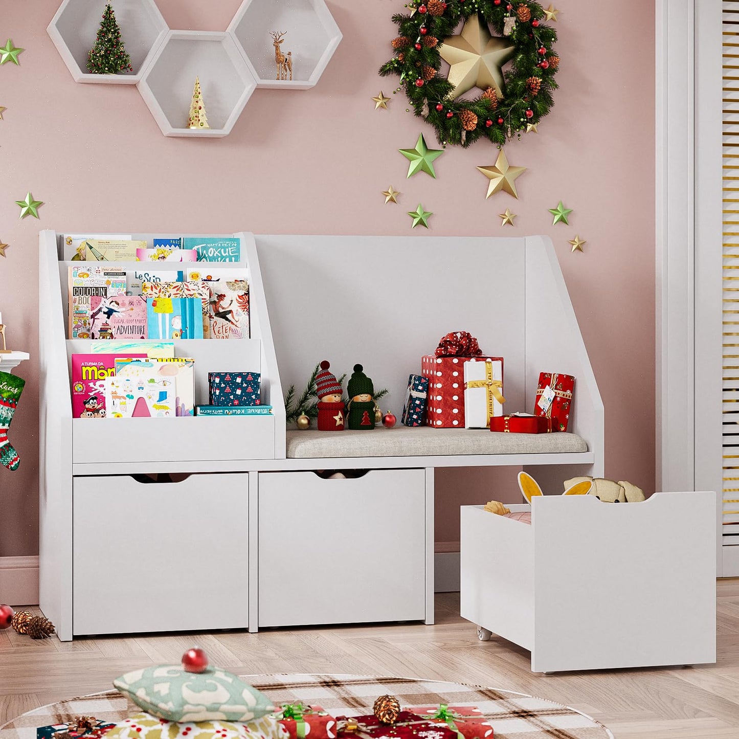 Teckid 40 Inch Kids Toy Organizer with Bookshelf, Cushioned Reading Bench, 3 Movable Drawers and Hidden Wheels, White