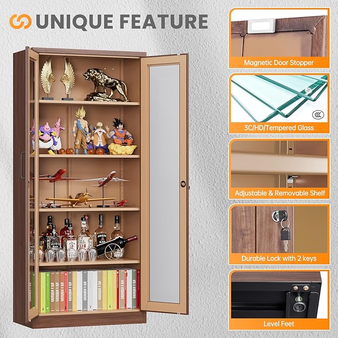 Locking Display Cabinet with Glass Door, 71”H Metal Curio Cabinets with
