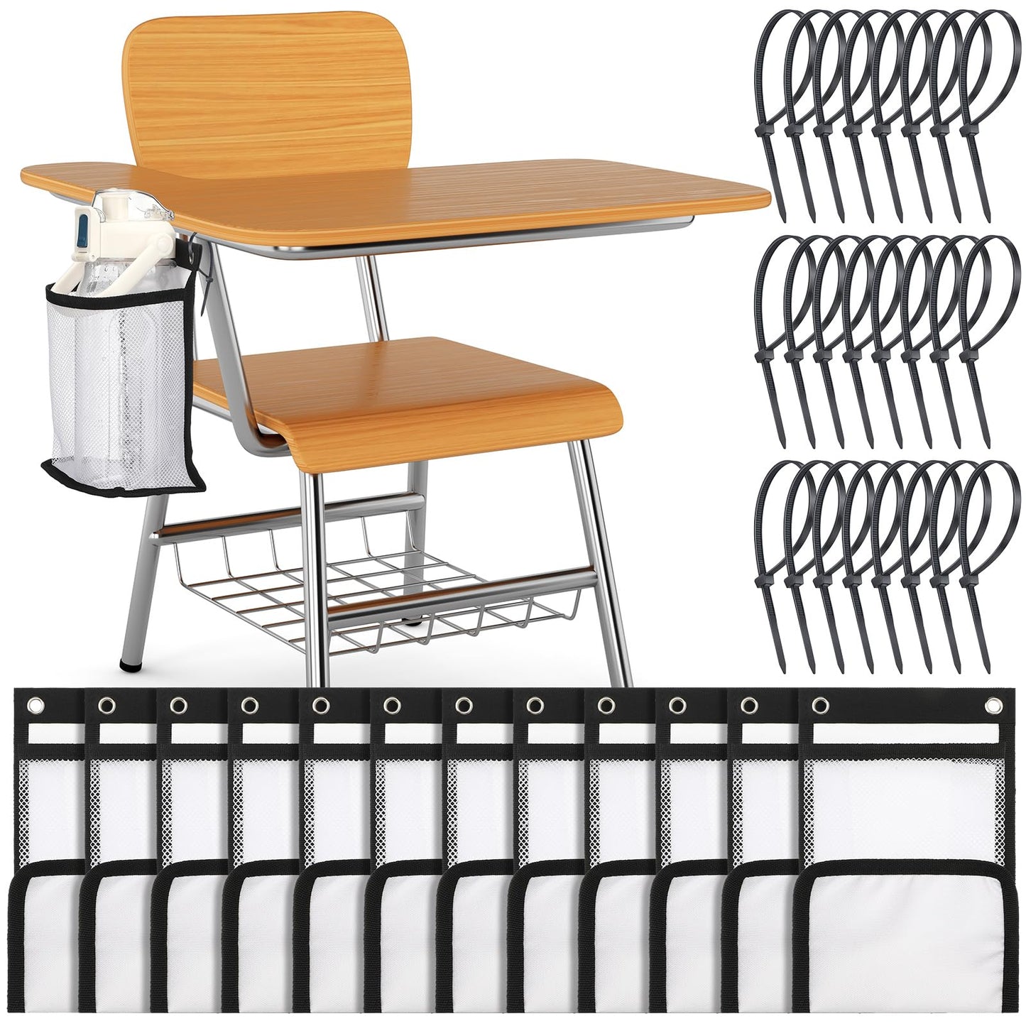 12 Pcs Water Bottle Organizer for Classroom Desk Anti-spill Water Bottle Pockets with 50 Pcs Black Zip Ties Back to School Gift Desk Cup Holders for Student Classroom Chair Pocket Attachment(Classic)