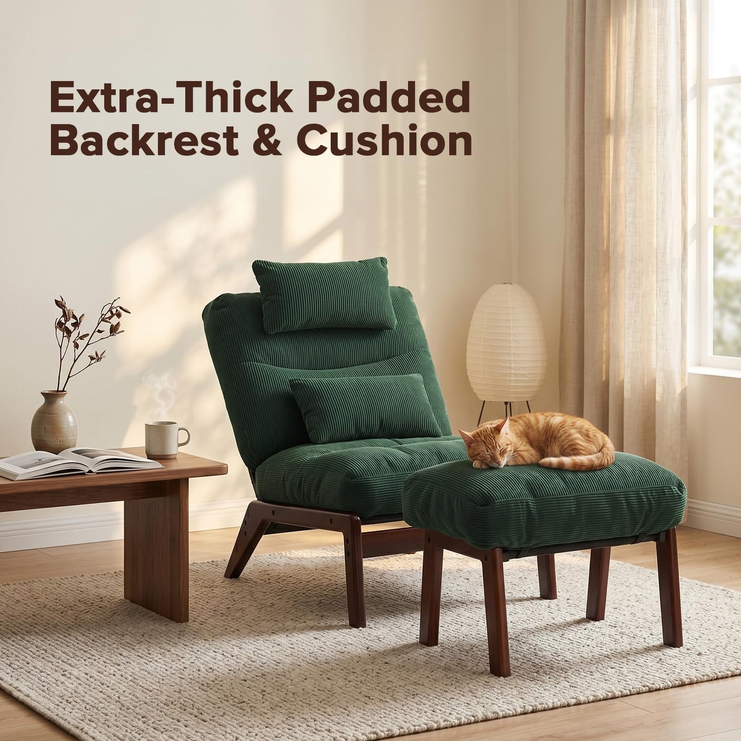 GEMBED Accent Chair with Ottoman Adjustable Backrest, Comfy Lounge Chair Single Sofa with Headrest Lumbar Pillow, Reading Chair with Footrest for Bedroom, Living Room, Green