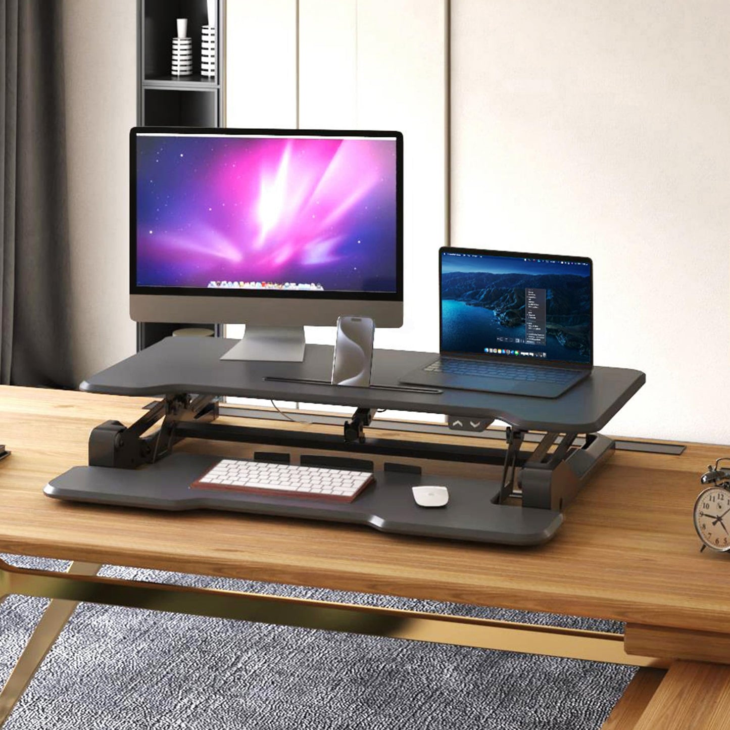 Mount-It! Electric Standing Desk Converter with 38" Tabletop, Height Adjustable Sit Stand Desk Riser, Motorized Desk Riser with Keyboard Tray and Device Slot, Fits Monitor & Laptop, Black
