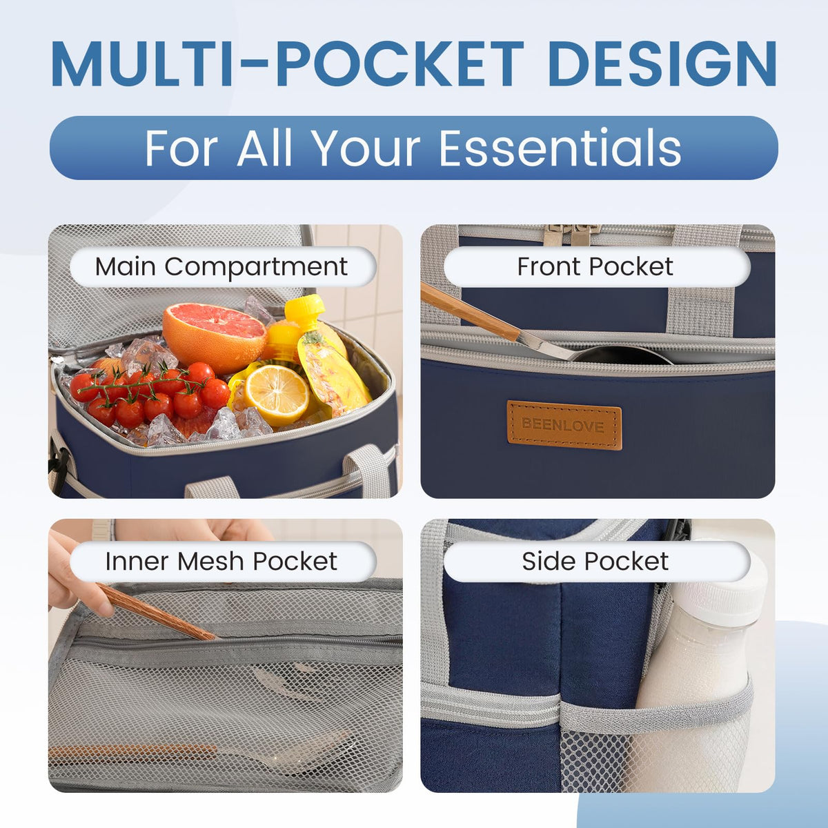 SODEER Lunch Box for Women and Men Reusable,Leakproof Lunch Cooler,Lunch Box with Shoulder Strap for Meal Office Tour,Navy Blue