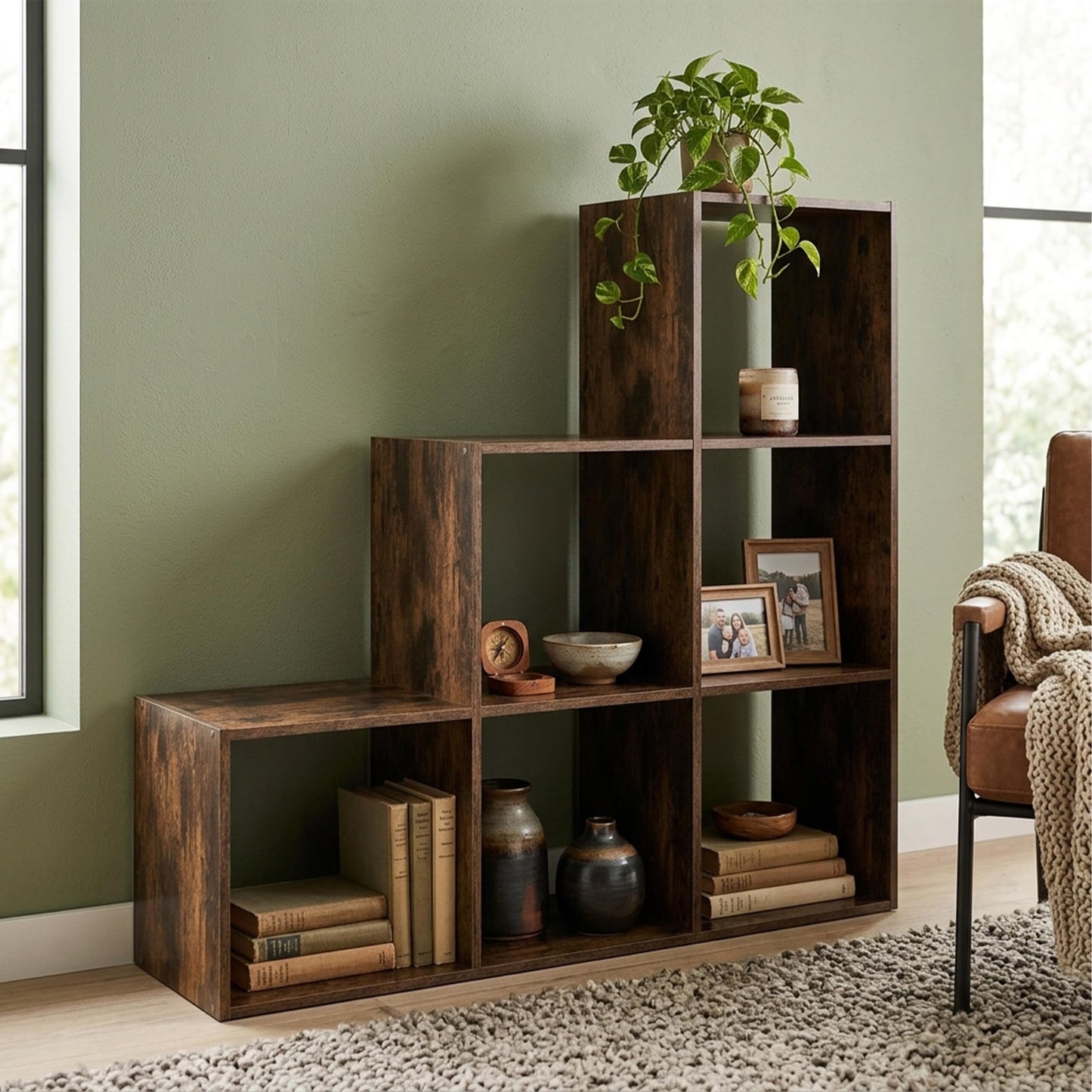 Relaxdays stepped shelf, 6 shelves, HxWxD 97.5 x 97.5 x 29 cm, under-eaves living room bookcase, vintage brown