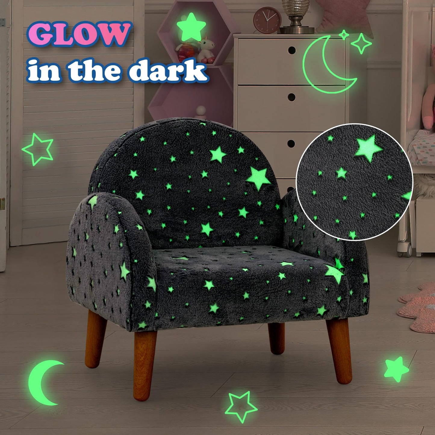 INFANS Kids Sofa with Glow in The Dark, Toddler Armchair Couch with Solid Wooden Frame Anti-Tipping, Upholstered Comfy Foam Children Chair for Kindergarten Playroom Preschool, Gift for Boys Girls