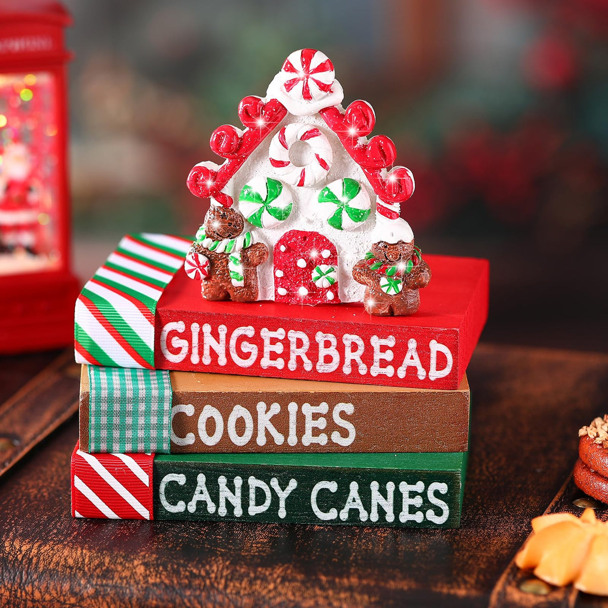 Bucherry Christmas Table Decoration Resin Gingerbread House Tiered Tray Decor Wood Rustic Gingerbread Block Signs Ribbon Book Stacks Christmas Centerpiece Decorative Tray for Farmhouse Home Shelf Gift