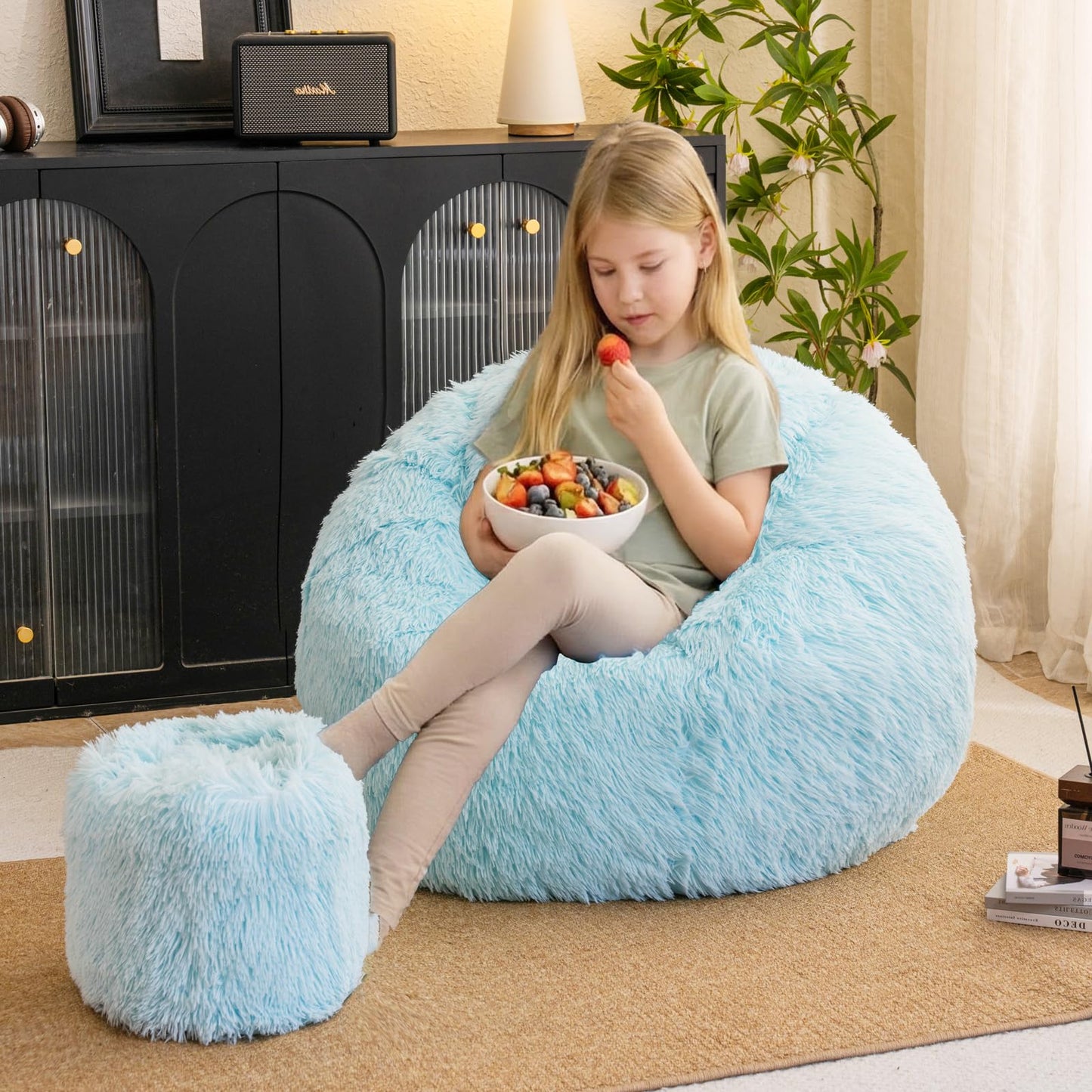 Blue plush bean bag chair covers (No Filler), comfy Furry Blue bean bag chair Cover for bedroom, stuffed animal Storage, kids adults teens girls bean bag chairs, Anti-Slip