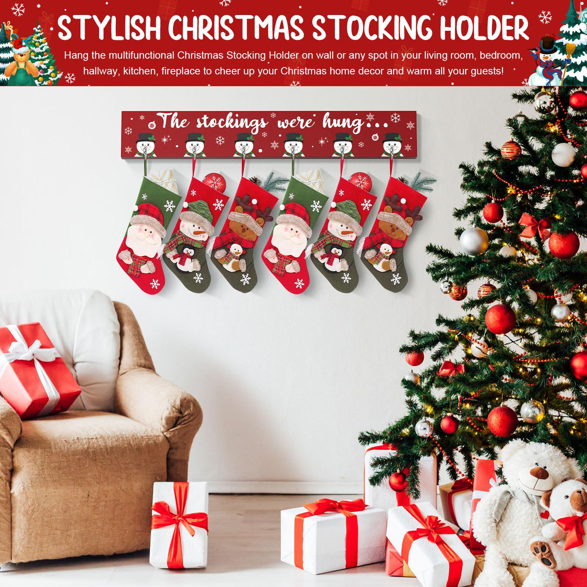 Christmas Stocking Holder Mantle Christmas Stocking Hangers for Mantel Fireplace Wall Hanging Sign with 6 Hangers Collapsible And the Stockings Were Hung Christmas Stocking Hooks Xmas Decor 28.4 Inch