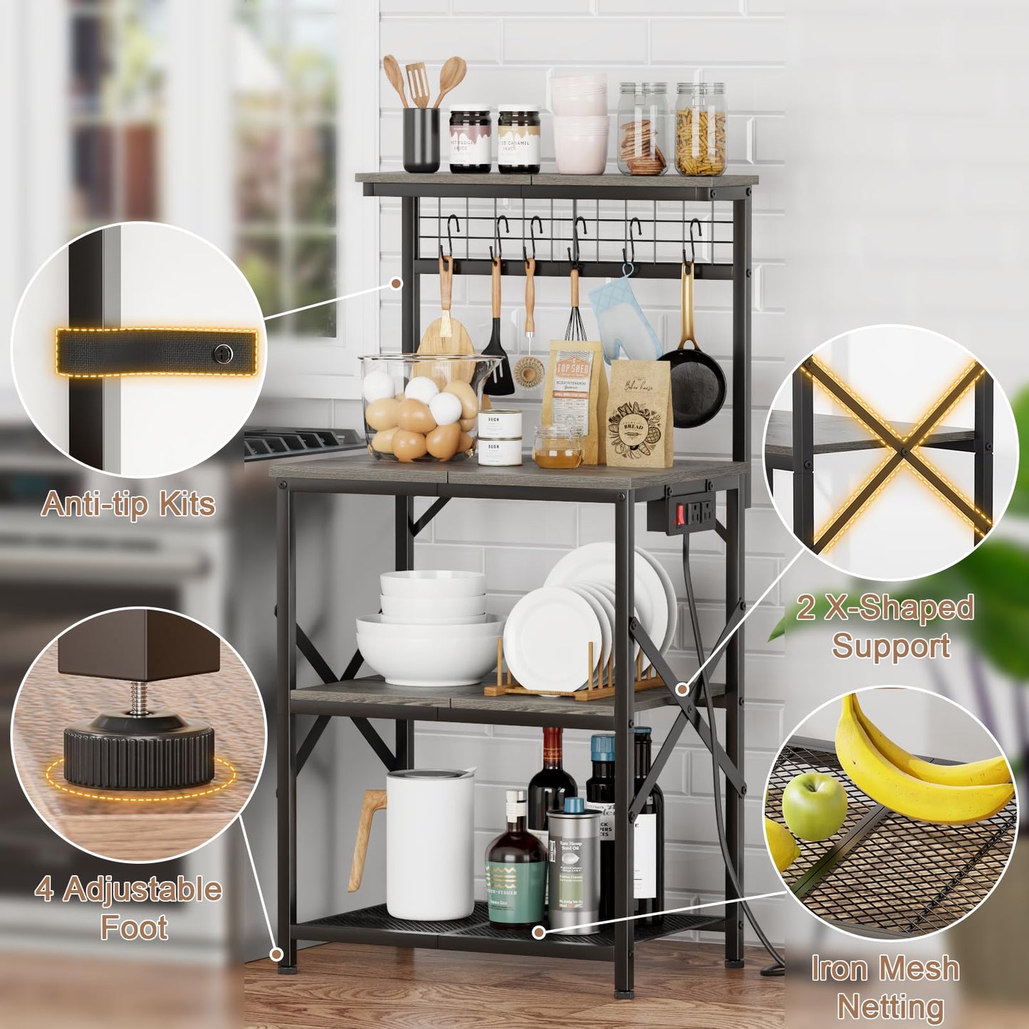Furologee Kitchen Bakers Rack with Power Outlet, Coffee Bar Station with Storage 4 Tiers, Microwave Oven Stand with 6 S Hooks, Kitchen Storage Shelves Rack for Spices, Pots, Black Oak