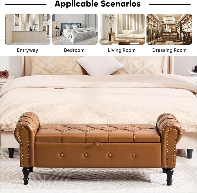 Storage Bench for Bedroom, Faux Leather 51" End of Bed Bench, Queen Size Bench