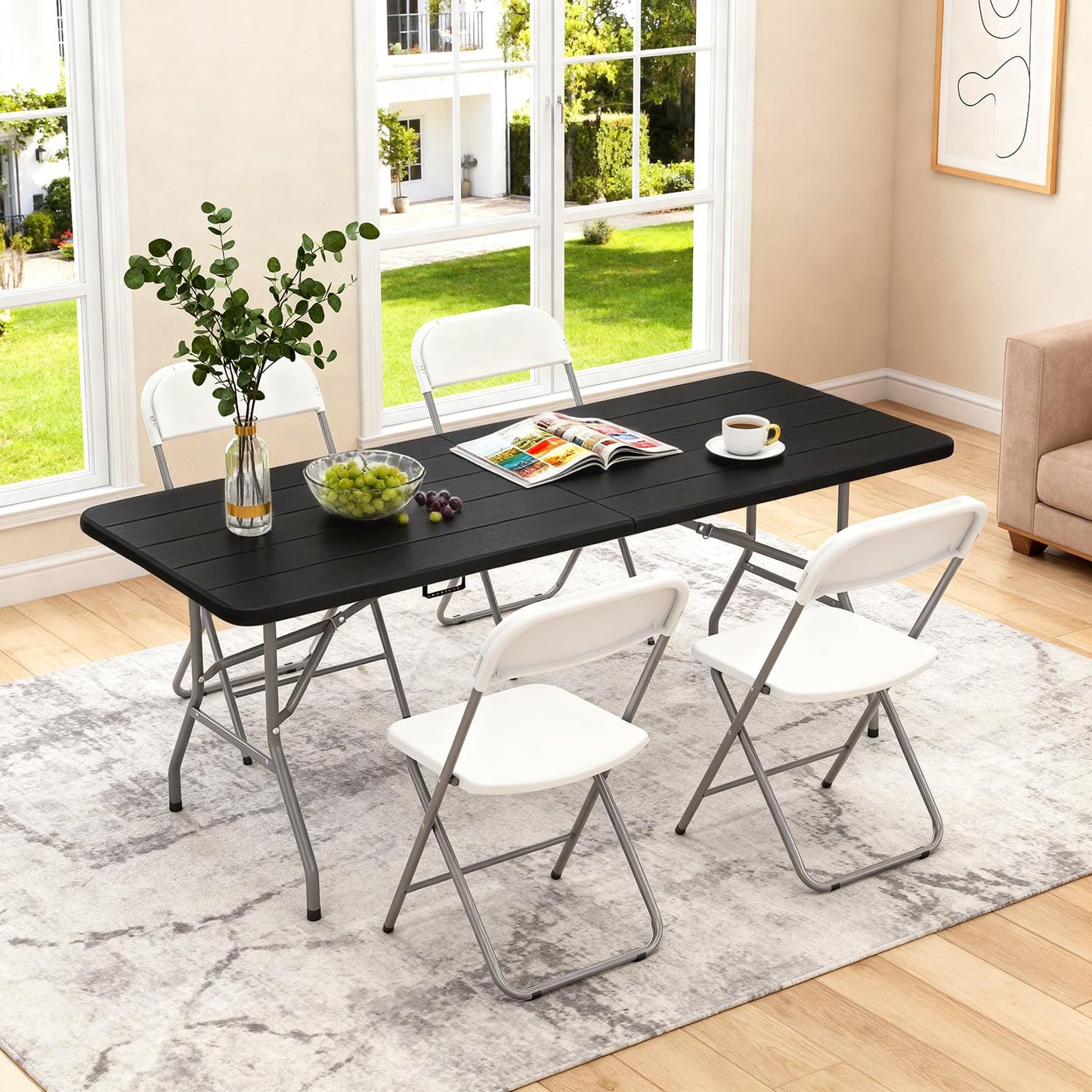 BestOffice 6 FT Picnic Table, Portable Plastic Folding Table with Carrying Handle Perfect for Picnics, Parties, Party and Camping, Black Wood Grain