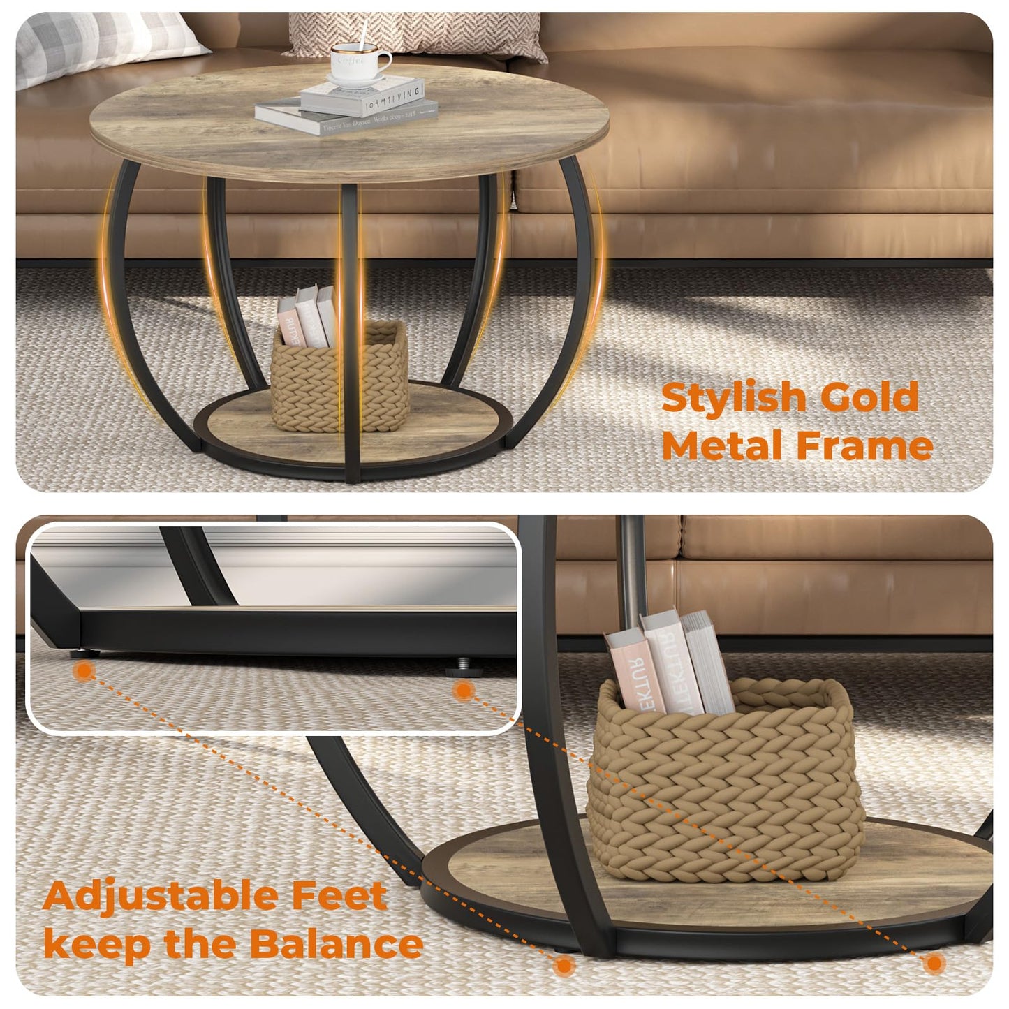 GreenForest Round Coffee Table with 2-Tier Open Storage, 27.6 inch Small Circle Coffee Tables with Adjustable Feet, Modern Mini Center Table for Small Living Room, Grey Wash