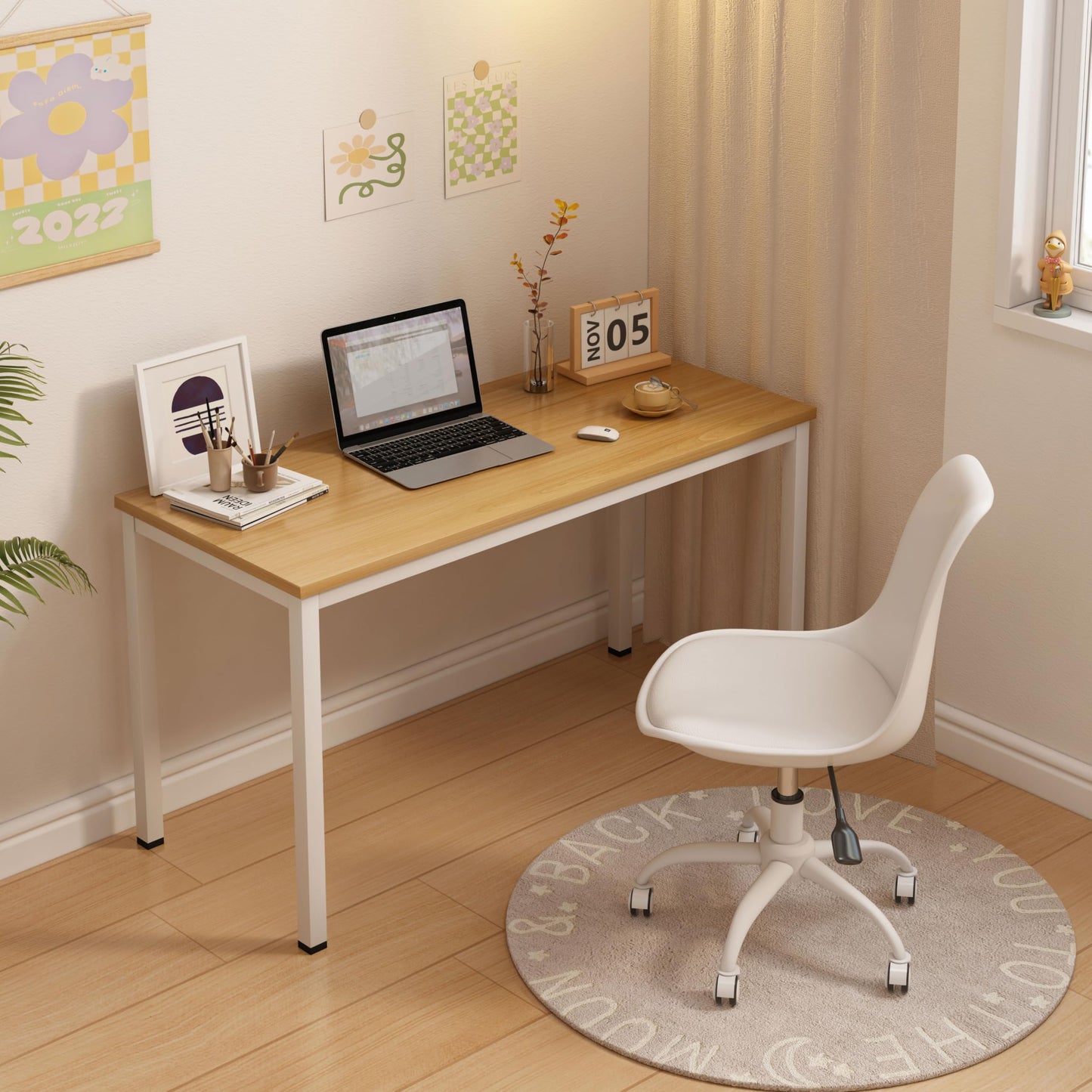 NewBeth Computer Desk for Small Space,Modern Simple Laptop Desk,Computer Table Study Writing Desk for Home Office,Dining Room,Living Room (Natural Oak, 55 * 23.5in)