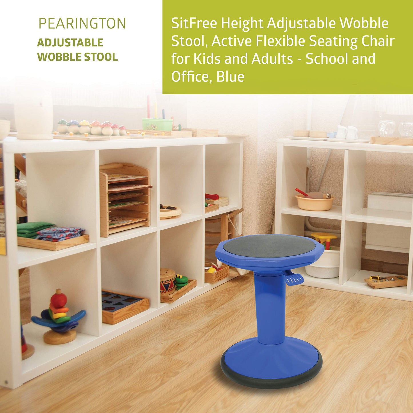 Pearington SitFree Height Adjustable Wobble Stool, Active Flexible Seating Chair for Kids and Adults - School and Office, Blue