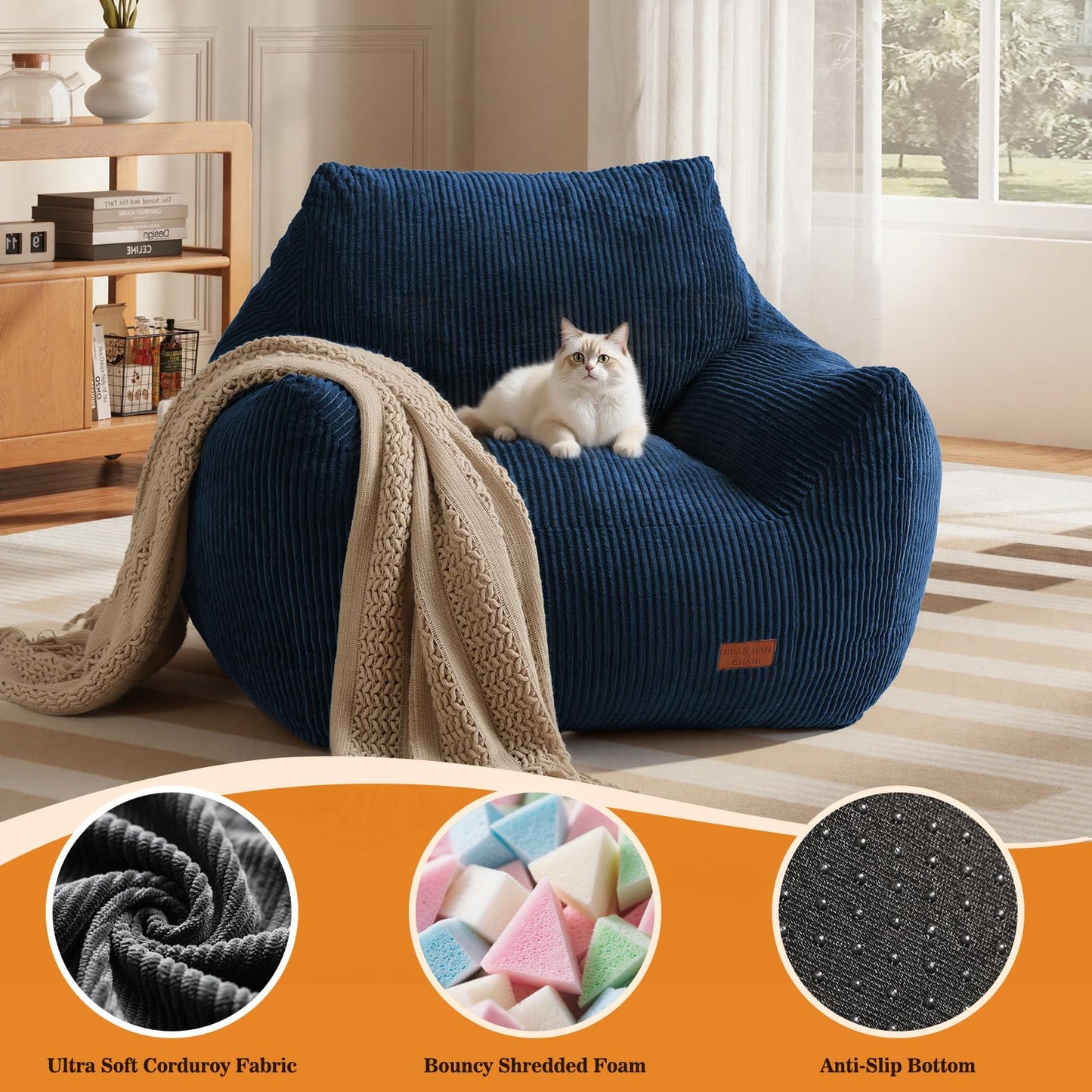 Vellorise Big Bean Bag Chair for Adults, Ultra Soft Living Room Bean Bag with Armrests, Stuffed BeanBag Chair for Napping, Gaming, Vacuum-Compressed for Easy Gifting, 48 Hours to Fluffs Up, Navy Blue