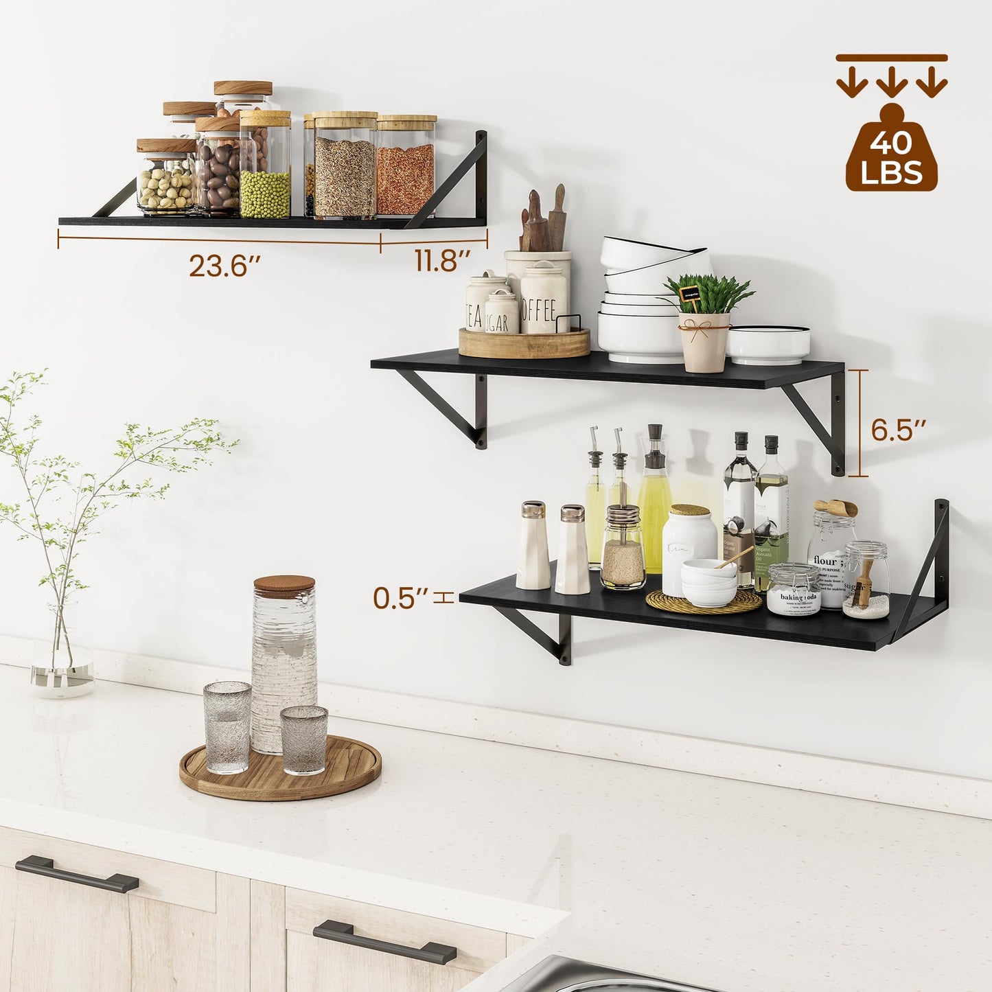 Heimlove Deep Floating Shelves for Wall, Wood Wall, Wide Floating Bookshelf for Living Room, Kitchen, Office, Bedroom and Decor Storage,Black with Metal Bracket, 24wx12dx5.8h, 3Shelves