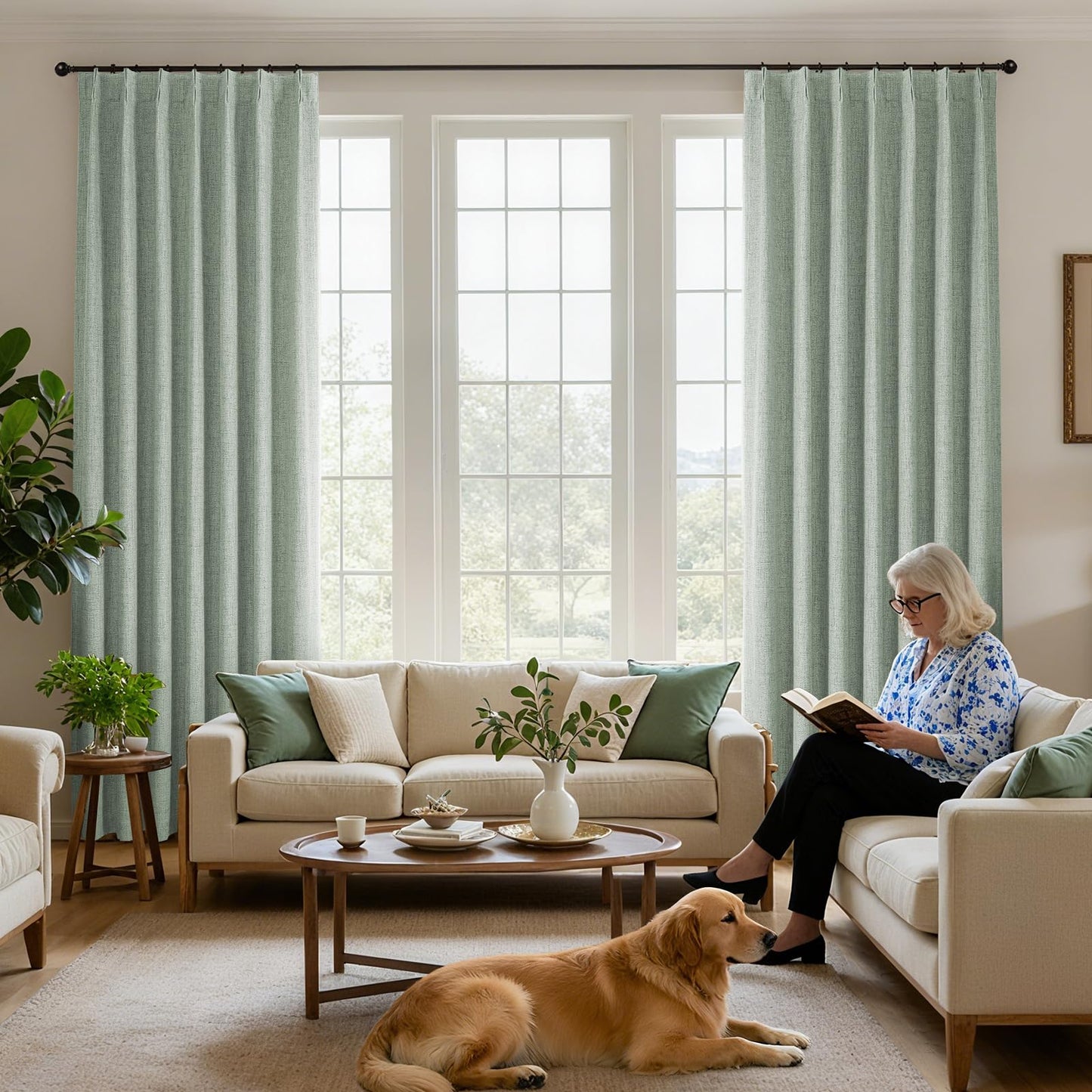 Joydeco Pinch Pleated Curtains - 100% Blackout for Bedroom, Sage Green Linen Curtains 40" W x 90" L, Thermal Insulated 2 Panels Light Blocking Drapes, Back Tabs for Living Room