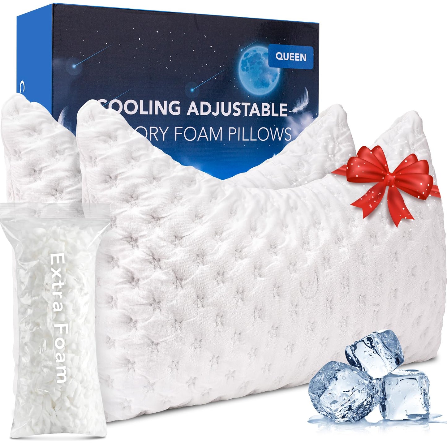 KUCEY Cooling Side Sleeper Pillow for Neck and Shoulder Pain, Luxury Shredded Memory Foam Curved Bed Pillows for Sleeping Set of 2- Adjustable Queen Size- Washable Cover Crescent White