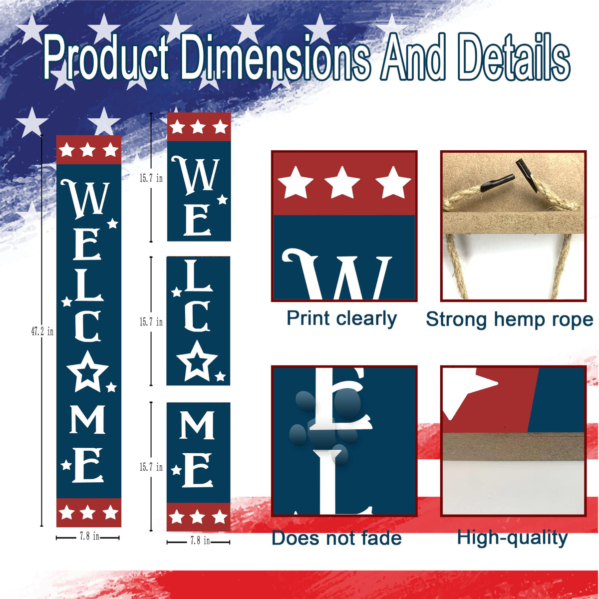 Patriotic Wooden Porch Sign 47" 4th of July Independence Day Large Welcome Sign Memorial Day Vertical Indoor Outdoor Standing Sign For Garden Home Yard Farmhouse