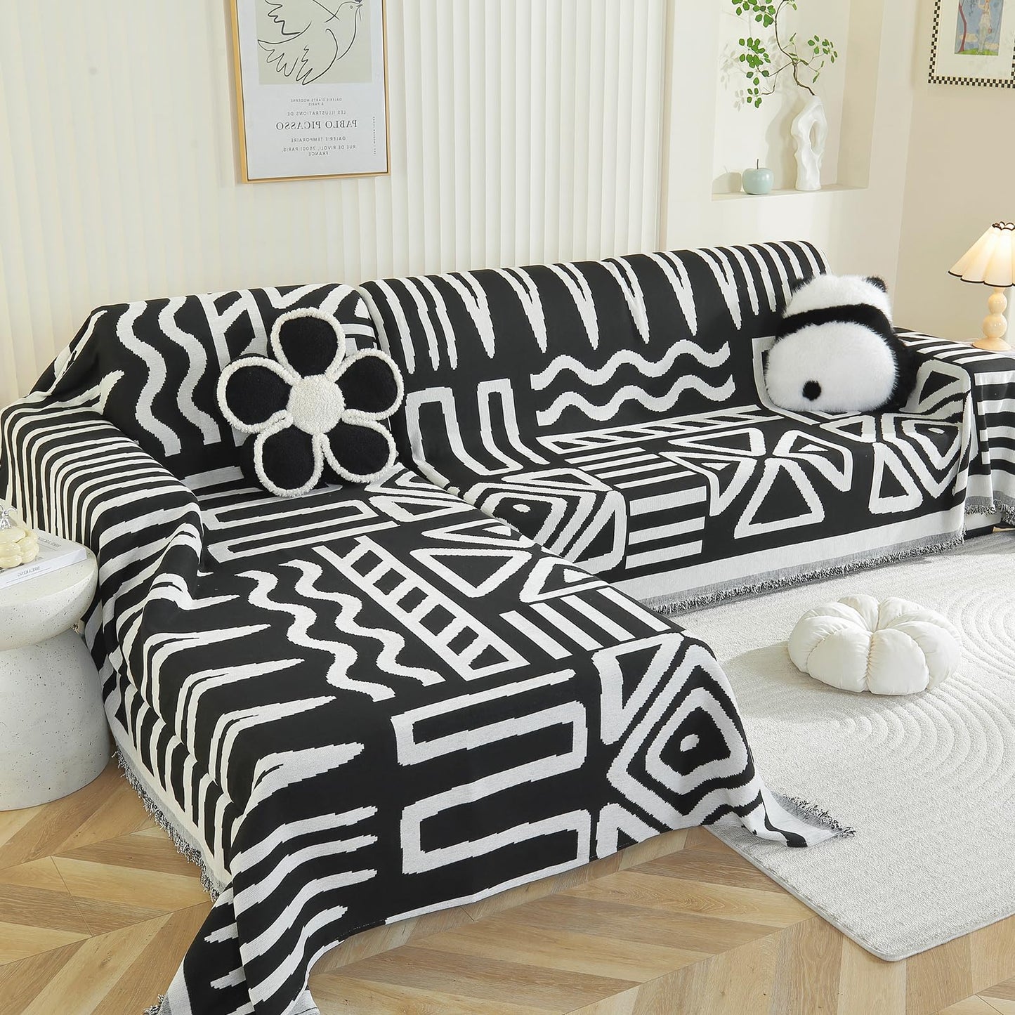 Royhom Sectional Couch Covers 2 Pieces, L Shaped Couch Cover Blanket, Boho Sofa Covers Washable, Sofa Slipcover with Tassel, Suitable for All Seasons (71"x110"+71"x118", Black)