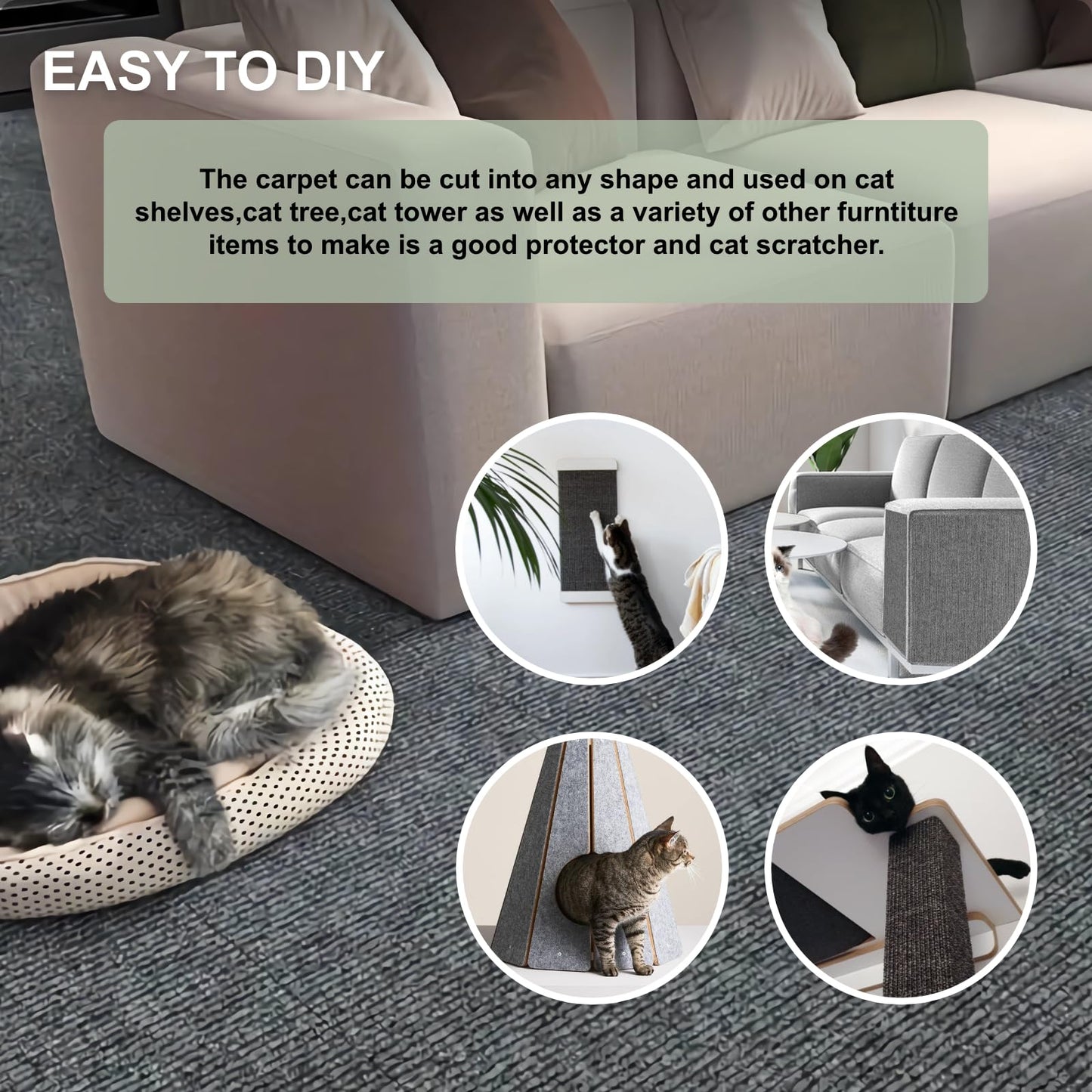 Cat Scratch Couch Furniture Protector, Self-Adhesive Cat Scratch Pad Deterrent for Furniture, DIY Climbing Cat Scratcher Couch Protector from Cat Claws Scratching for Indoor, with 10 Pins (LightGrey)