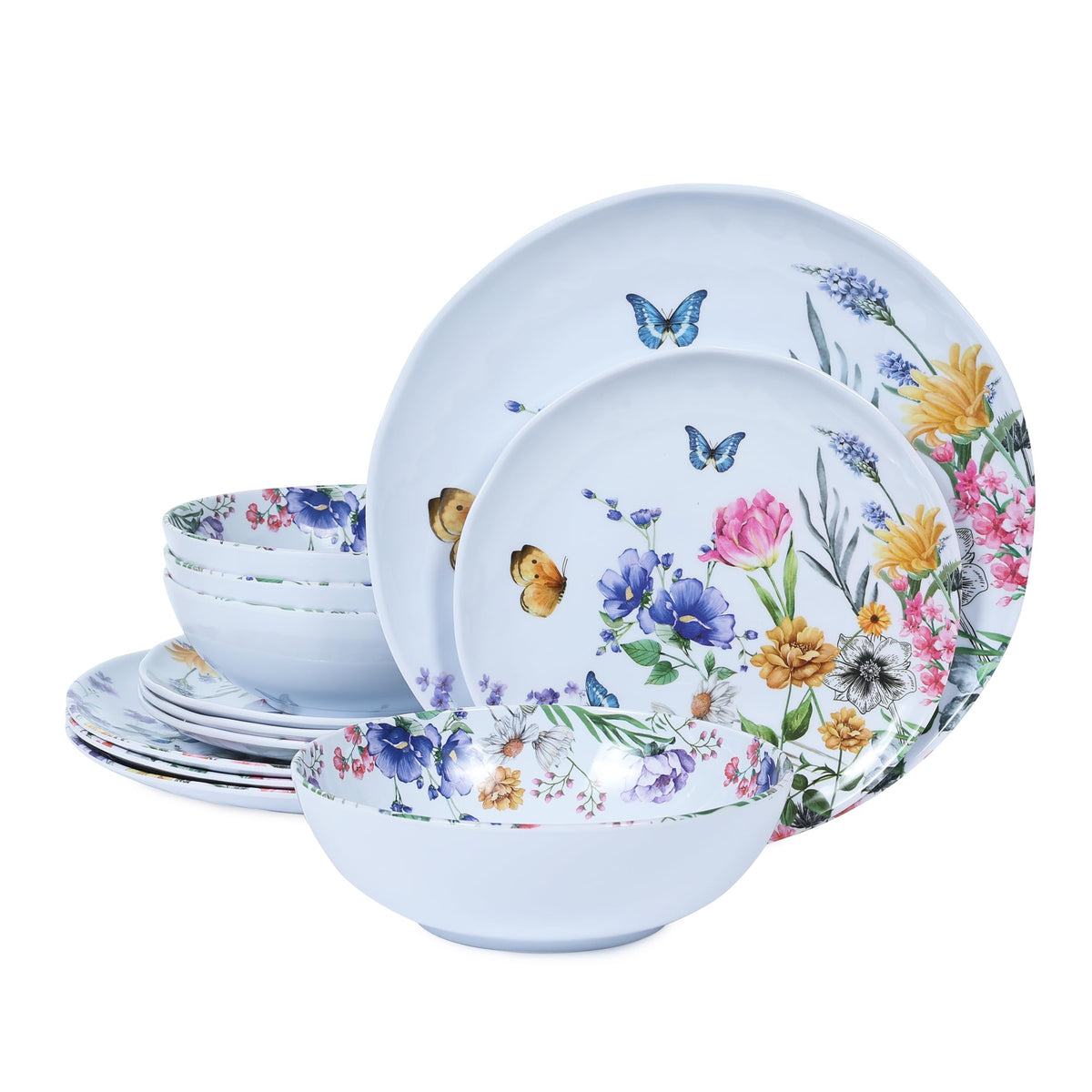 Lechoo 12 Piece Melamine Dinnerware Sets - Plates And Bowls Sets Floral Dinnerware Sets- Spring Camping Dishs Indoor Outdoor Use,Flowers And Butterflies Pattern