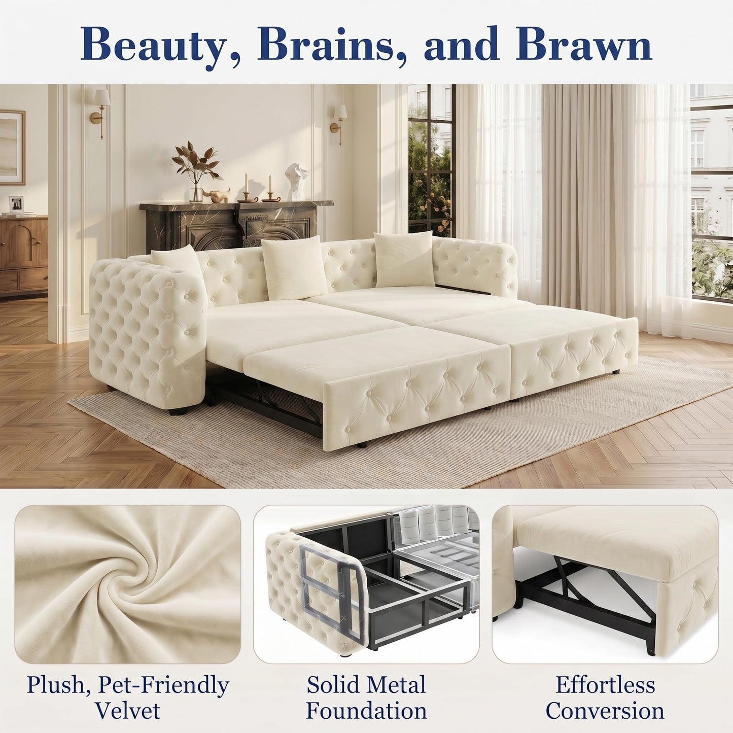 Trygoal 89" Extra Large Queen Size Sofa Bed, 3-in-1 4-Seater Oversized Velvet Sleeper Sofa Couch Bed with 3 Throw Pillows, Convertible Pull Out Couch for Living Room, Apartment, Guest Room, Beige