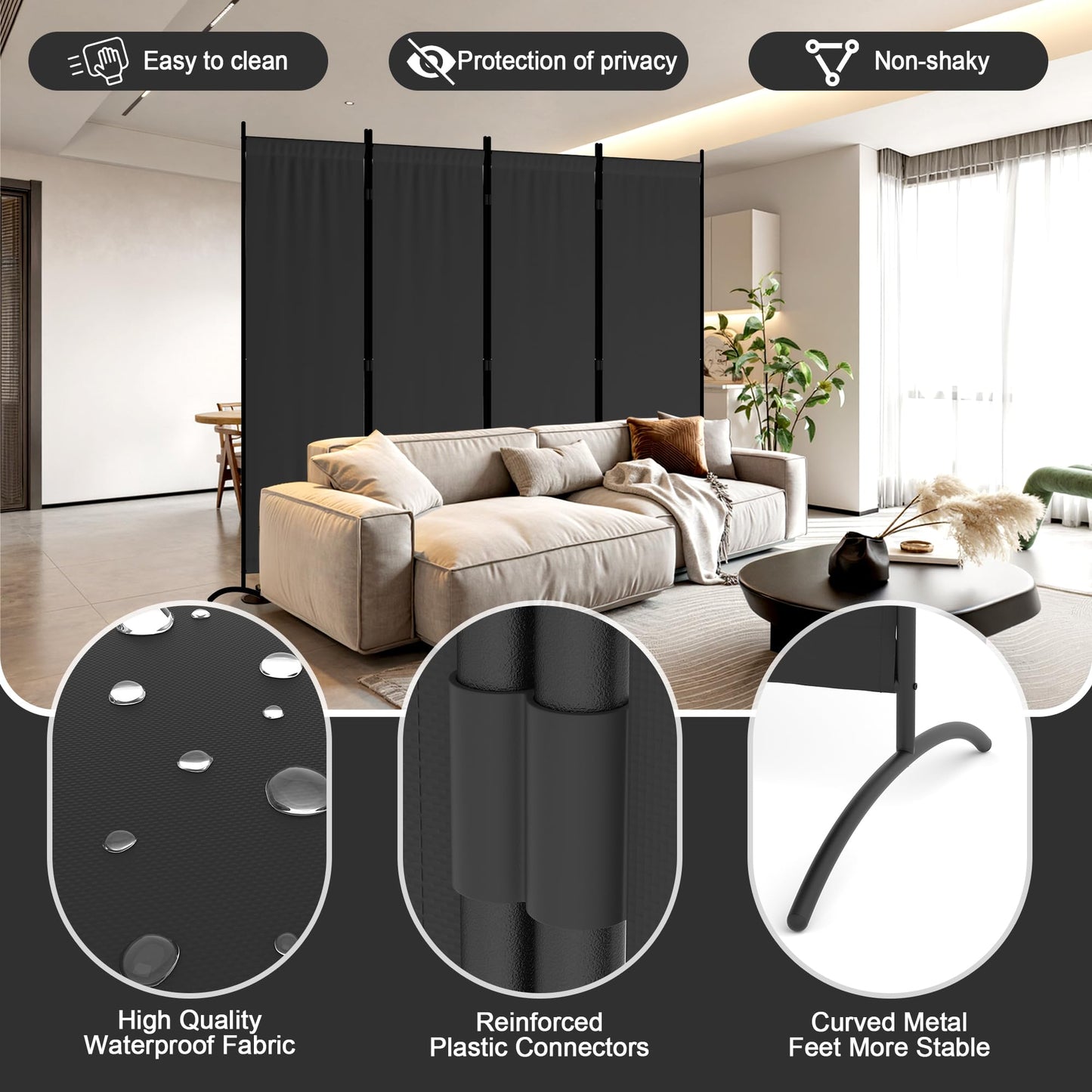 Kecreque Room Divider 4 Panel Partition Room Dividers and Folding Privacy Screens with 5 Curved Metal Feet Portable Divider Wall 88" W Temporary Wall for Office Divider Bedroom Dressing Room,Black