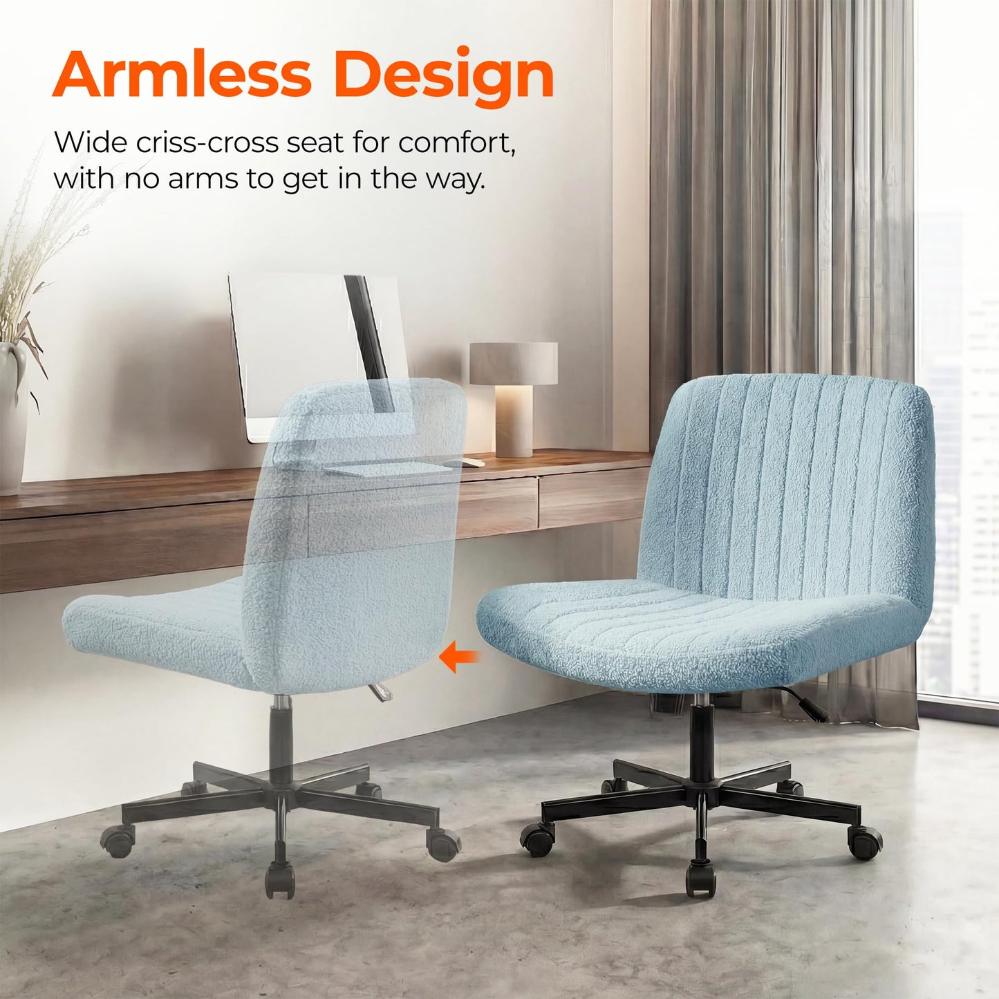 Orange Factory Criss Cross Chair Wheels Vanity Chair Office Desk Comfy Wide Cross Legged Armless Teddy Fabric Adjustable Swivel for Home Computer Task (Blue, Teddy Fleece)