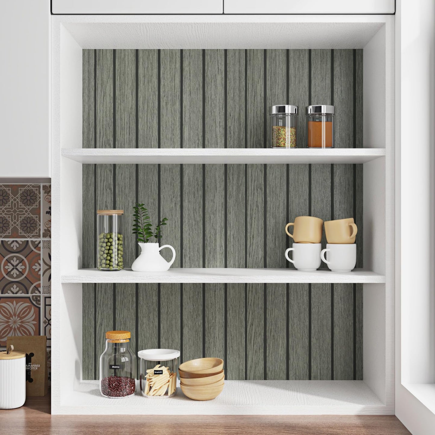 Skyblur Grey/Black Wood Slat Wall Panels for Interior Wall Decor PVC 3D Peel and Stick Wood Panels Textured Self Adhesive Removable Wooden Wallpaper for Bedroom Entrance Stick on Walls 11.8 x 118 in