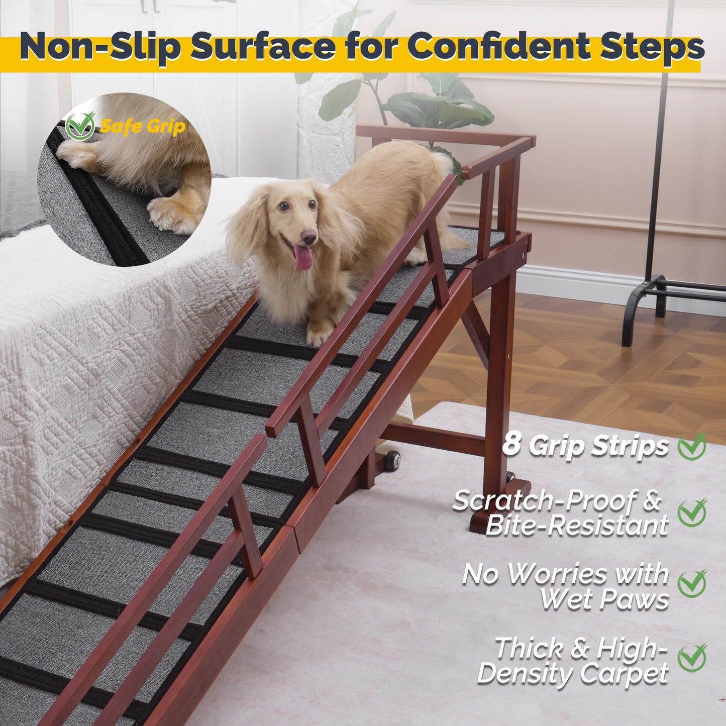 KUVETO Dog Ramp for Bed or Couch, Wooden Pet Ramp with 20° Gentle Slope, Removable Side Rails, Non-Slip Surface, Top Platform & Wheels, Safe Bed Ramp for Small, Large & Senior Dogs, 74" Long, Mahogany
