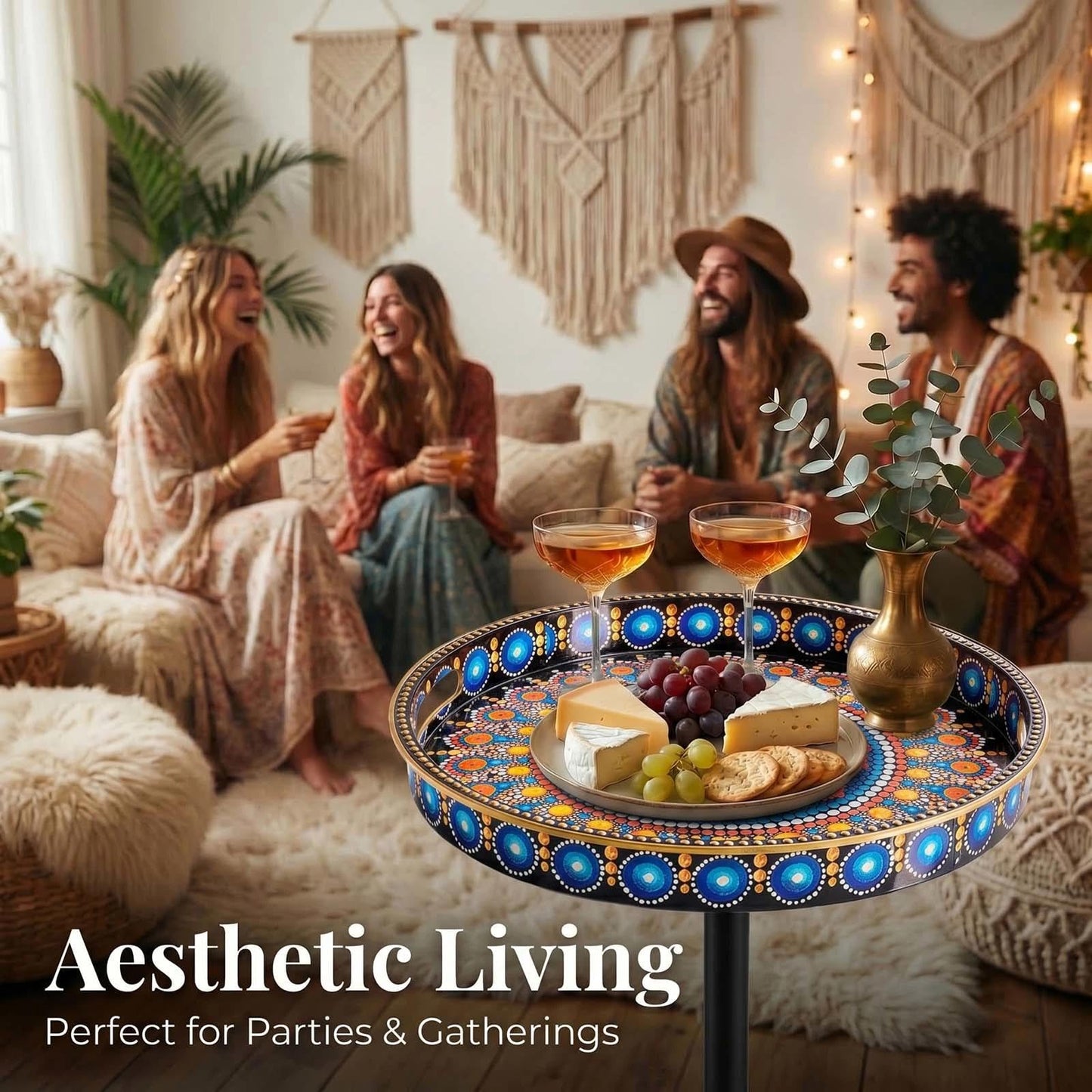 Gesodant Boho Single Leg Round Side Table with Tray Top, Pedestal Drink Table for Small Spaces, Aesthetic Accent Nightstand for Living Room, Bedroom, Corners, and Office (Peacock)