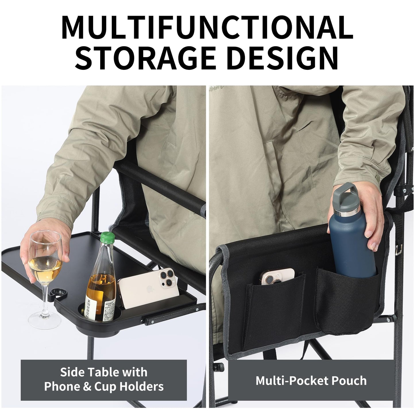 Oversized Camping Chairs with Canopy Foldable Directors Chair with Side Table & Pockets Portable Adults Heavy Duty Outdoor Folding Chairs for Lawn, Beach, Picnic, Sports and Fishing, Supports 500lbs