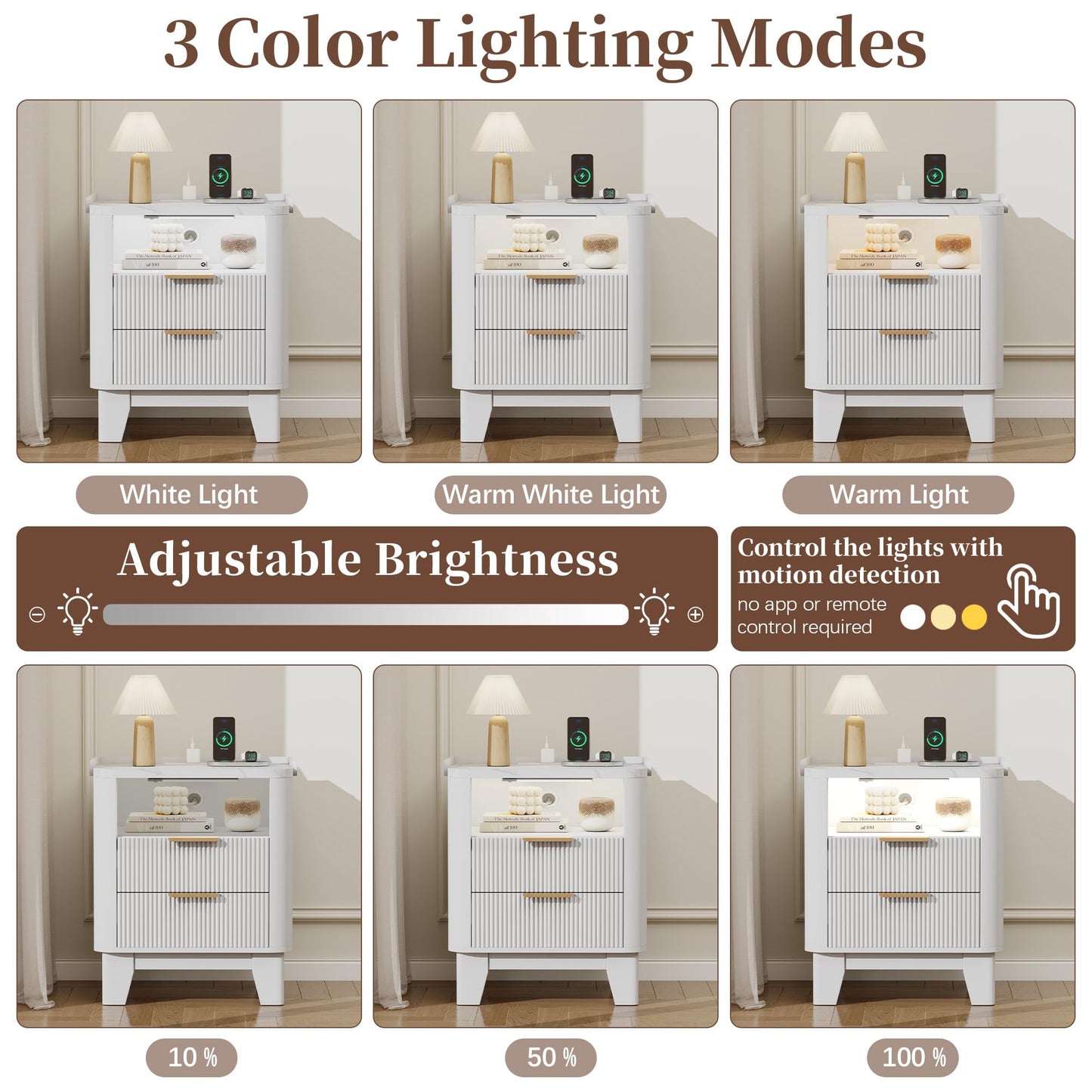 Baoz White Fluted Nightstand with Charging Station & 2 Drawers for Bedroom