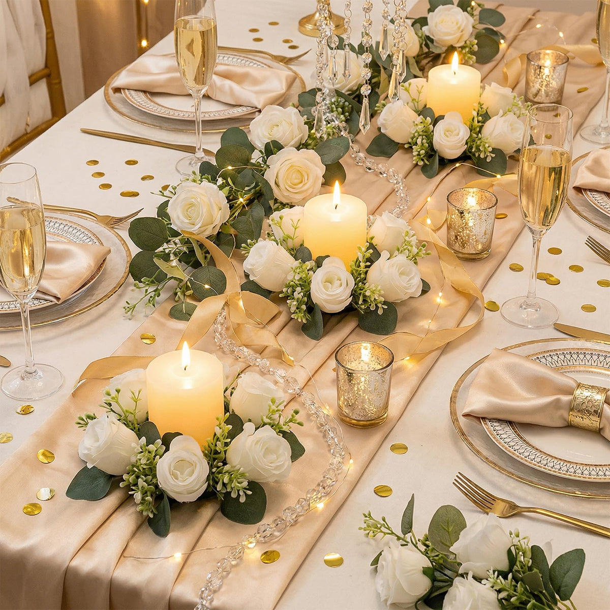 A Set of 6 White Rose Candle Wreath Rings with Artificial Floral Candle Holders and Wreaths, Ideal for Wedding Centerpieces for Tables, Party Candle Arrangement Setups