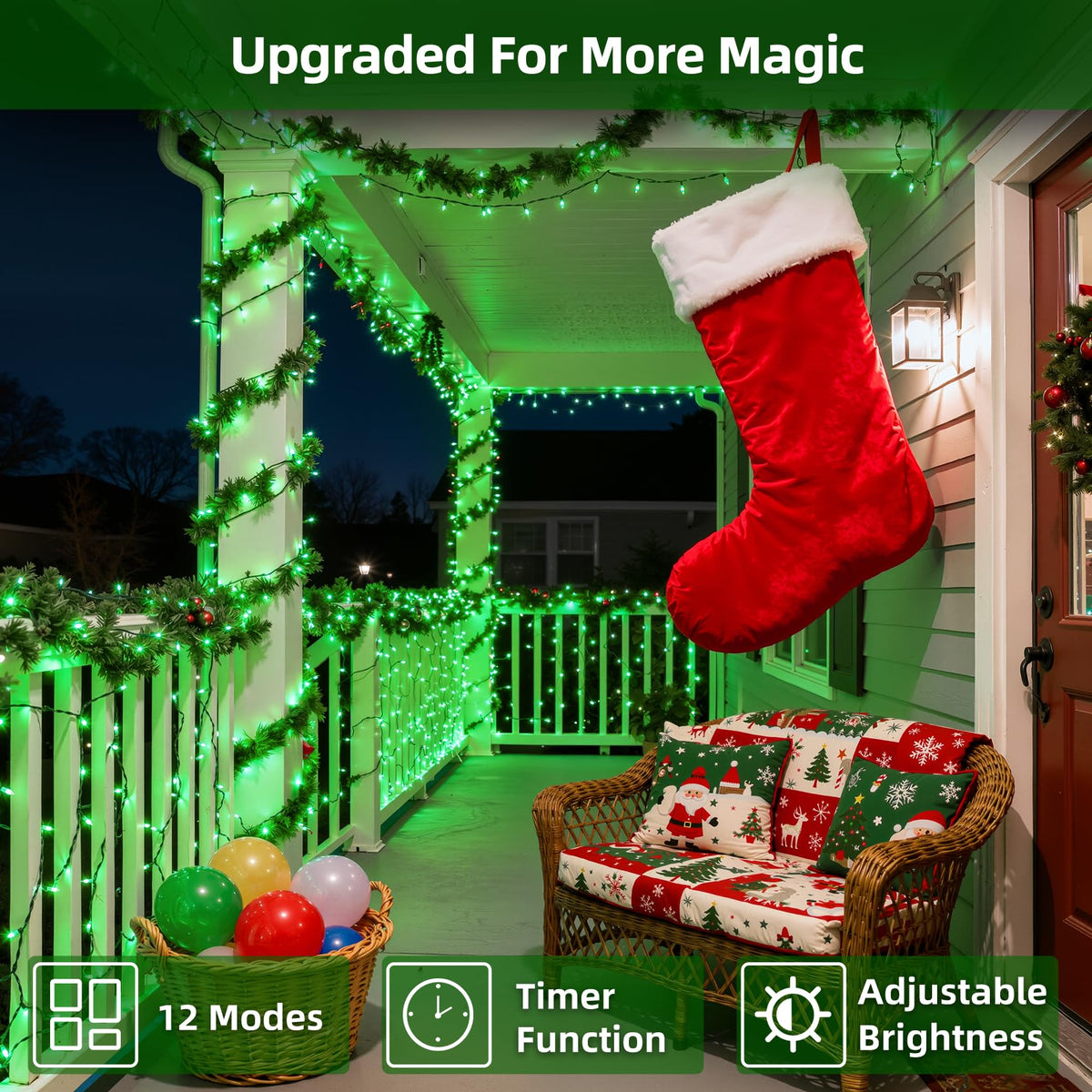 QUHUATU 300LED Chrstmas Lights, 75ft Indoor Outdoor Christmas String Lights with 12 Modes, Green Christmastree Lights with Timer Dimmable Connectable for Fence Garden Xmas Wedding Party Decor Green