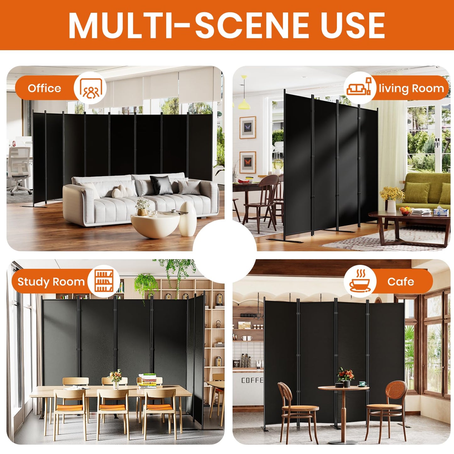 SUNALLY Room Divider 6FT Folding Privacy Screens, 8 Panel Fabric Divider for Room Separation, 176" W Freestanding Portable Wall Dividers Screen for Home Dorm Studio Office, Black