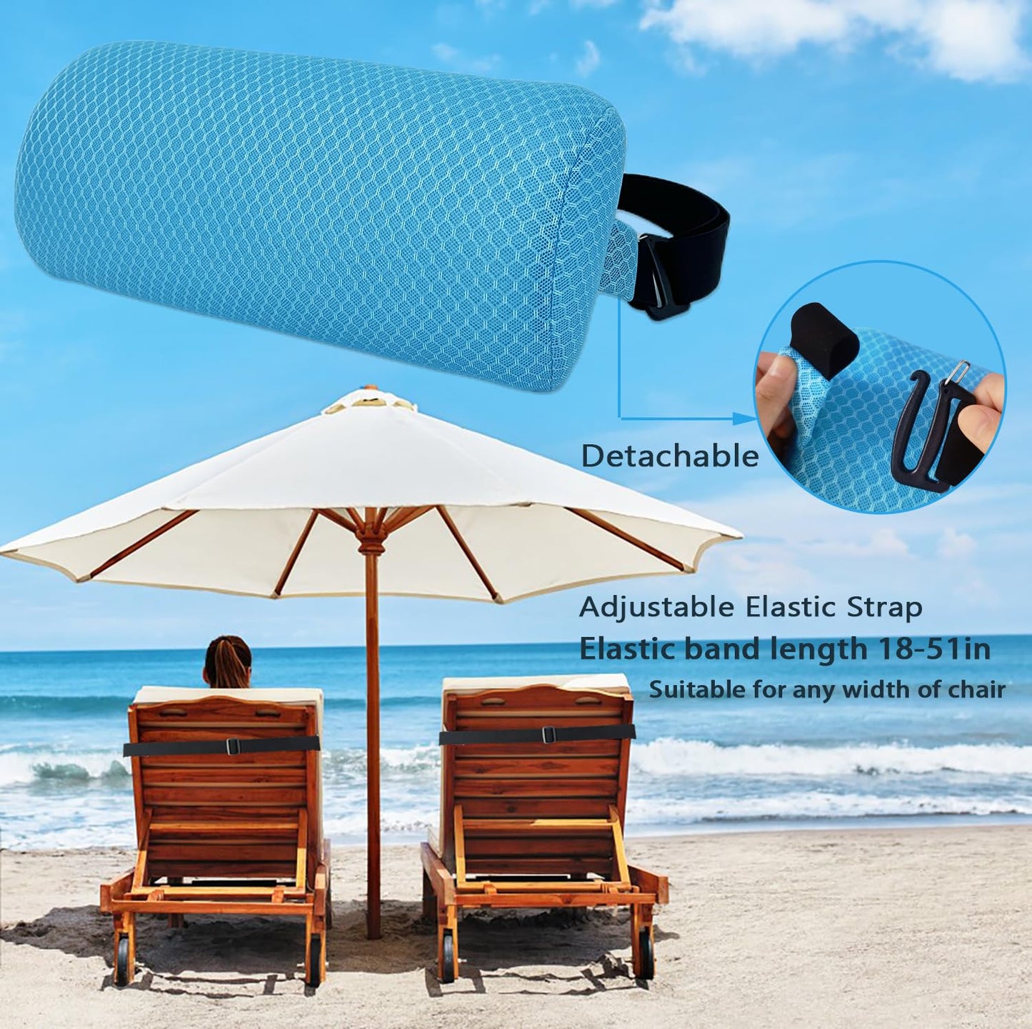 REEZEIVI 1Pack Headrest Pillow for Patio Chaise Lounge,Chaise Lounge Pillows Outdoor 3D air mesh with Elastic Band,Quick Drying and Washable Spa Pillow for Recliner,Beach Chair,Office Chair Blue
